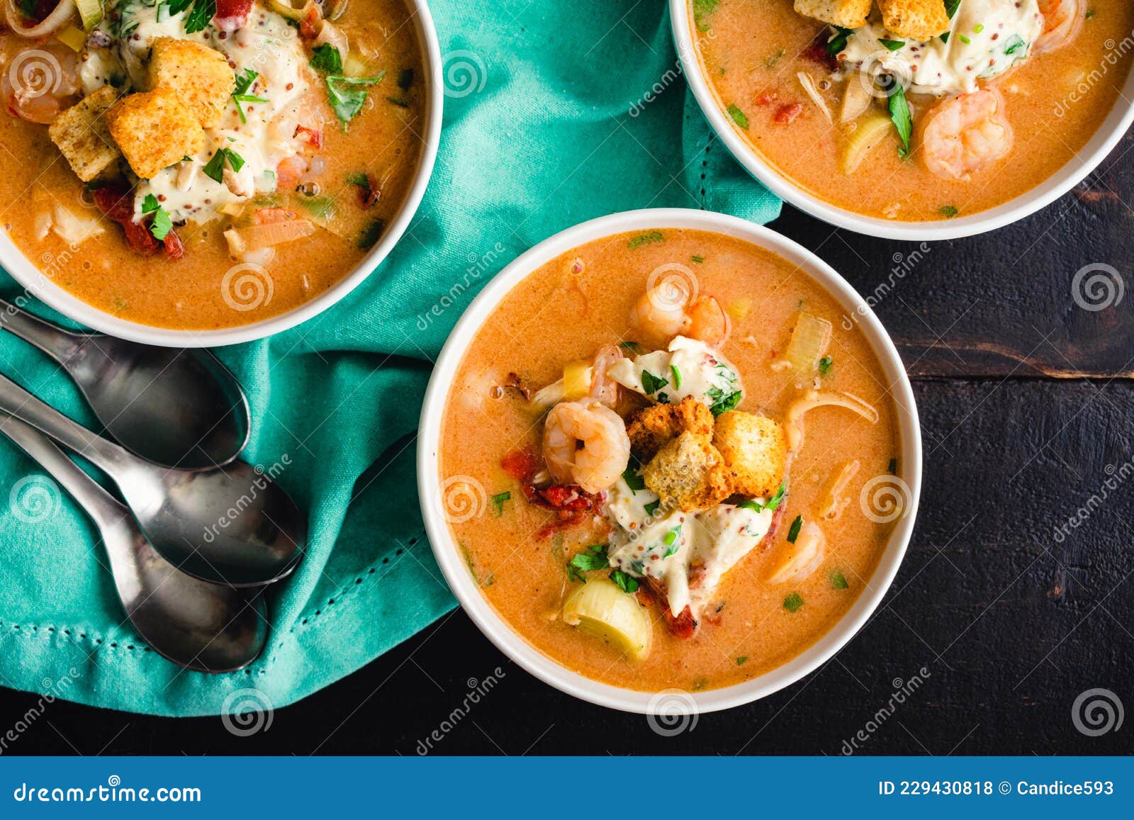 Bowls of Shrimp and Crab Bisque with Garnish Stock Photo Image of