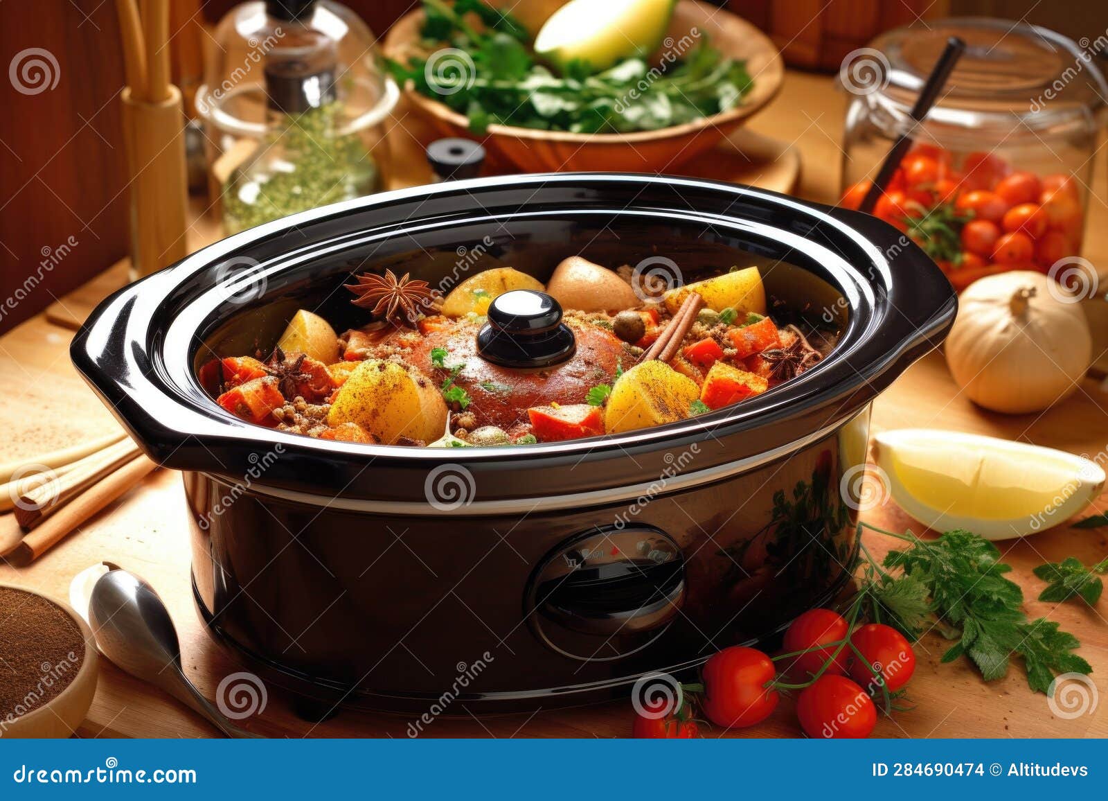 Slow Cooker with Stew Surrounded by Spices Stock Illustration