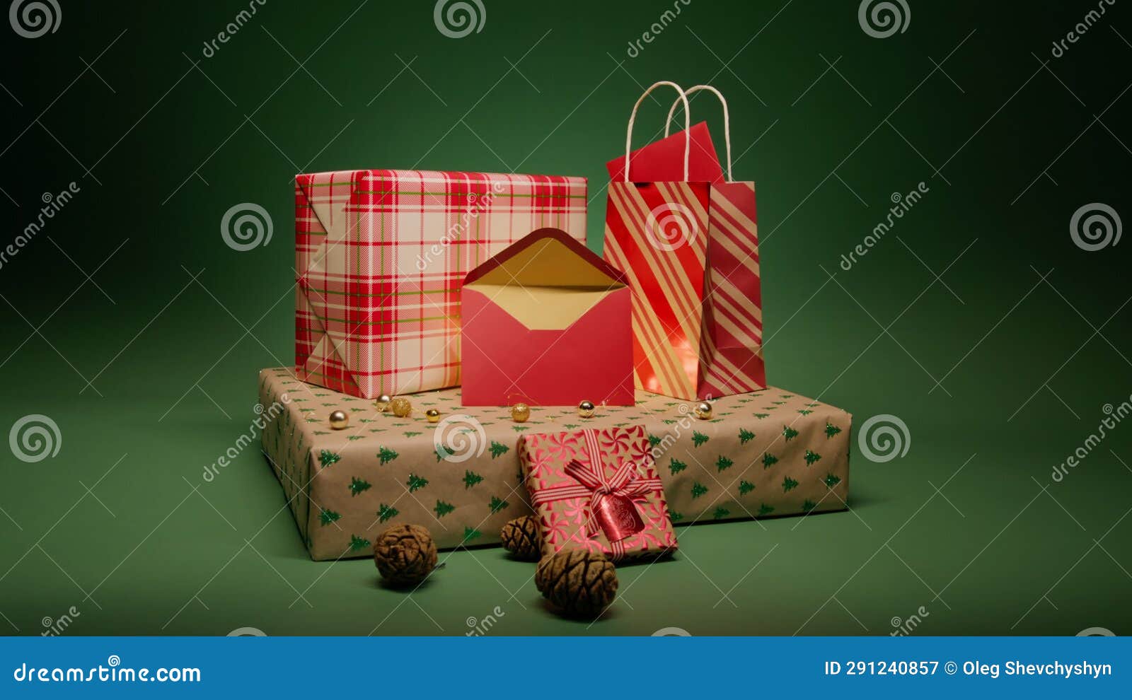 Stack of Red Christmas Gift Boxes with Presents, Emerald Green Motion