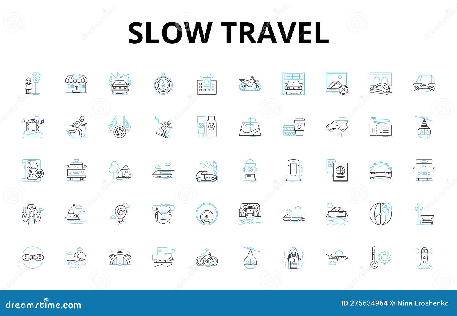 slow travel linear icons set. reflection, introspection, timelessness, connection, appreciation, deliberate, mindful