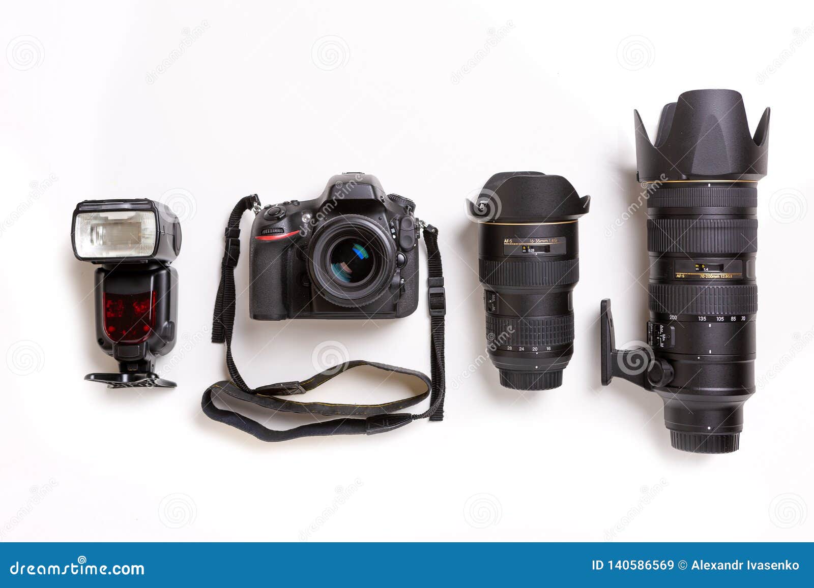 SLR Camera, Lenses and Flash on White Background Stock Image Image of