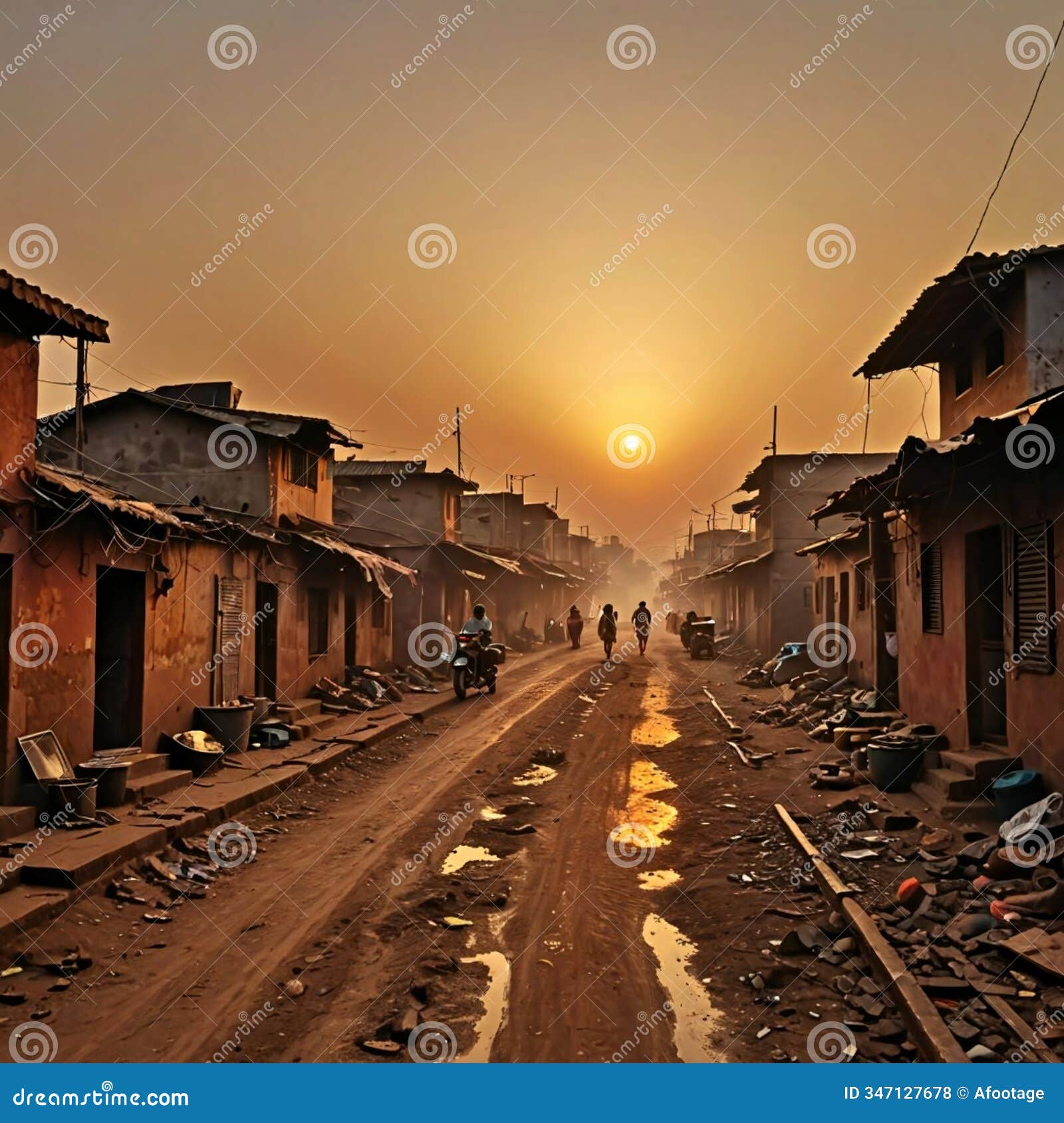 slum houses, pollution, dirt, muddy water, dust. smog. rust, shed, dusty, smog, sunset