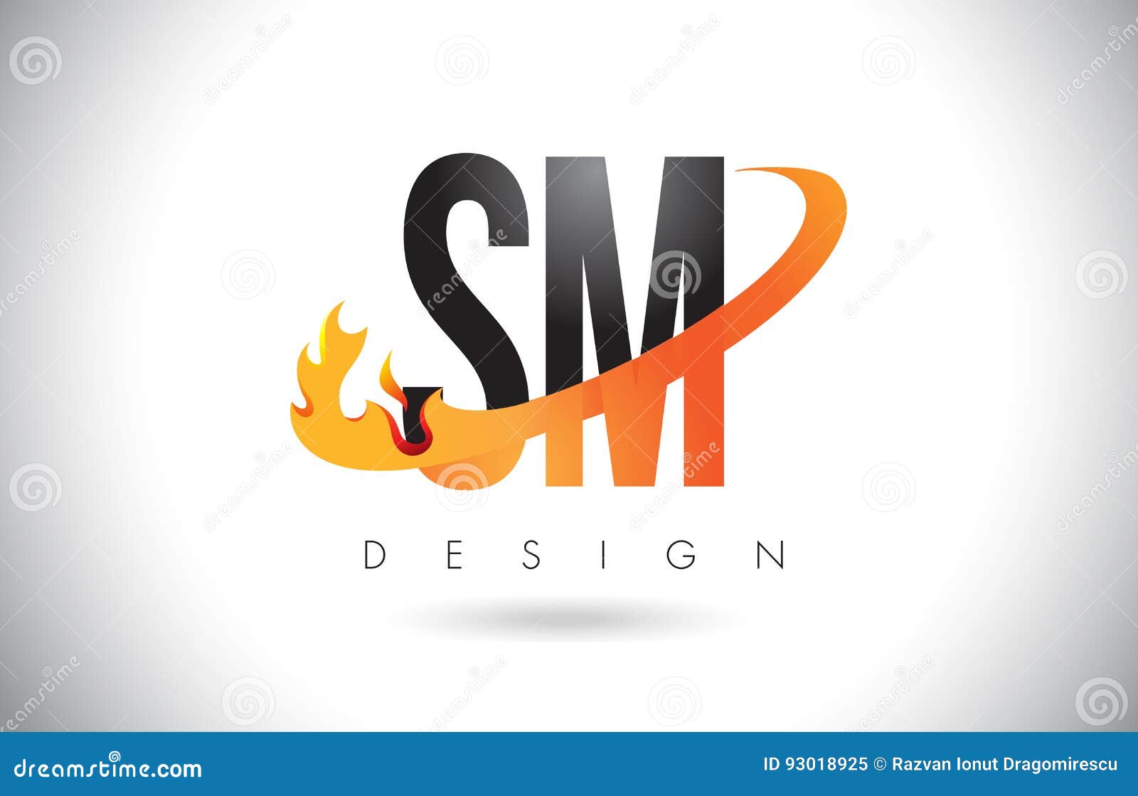 SM S M Letter Logo with Fire Flames Design and Orange Swoosh