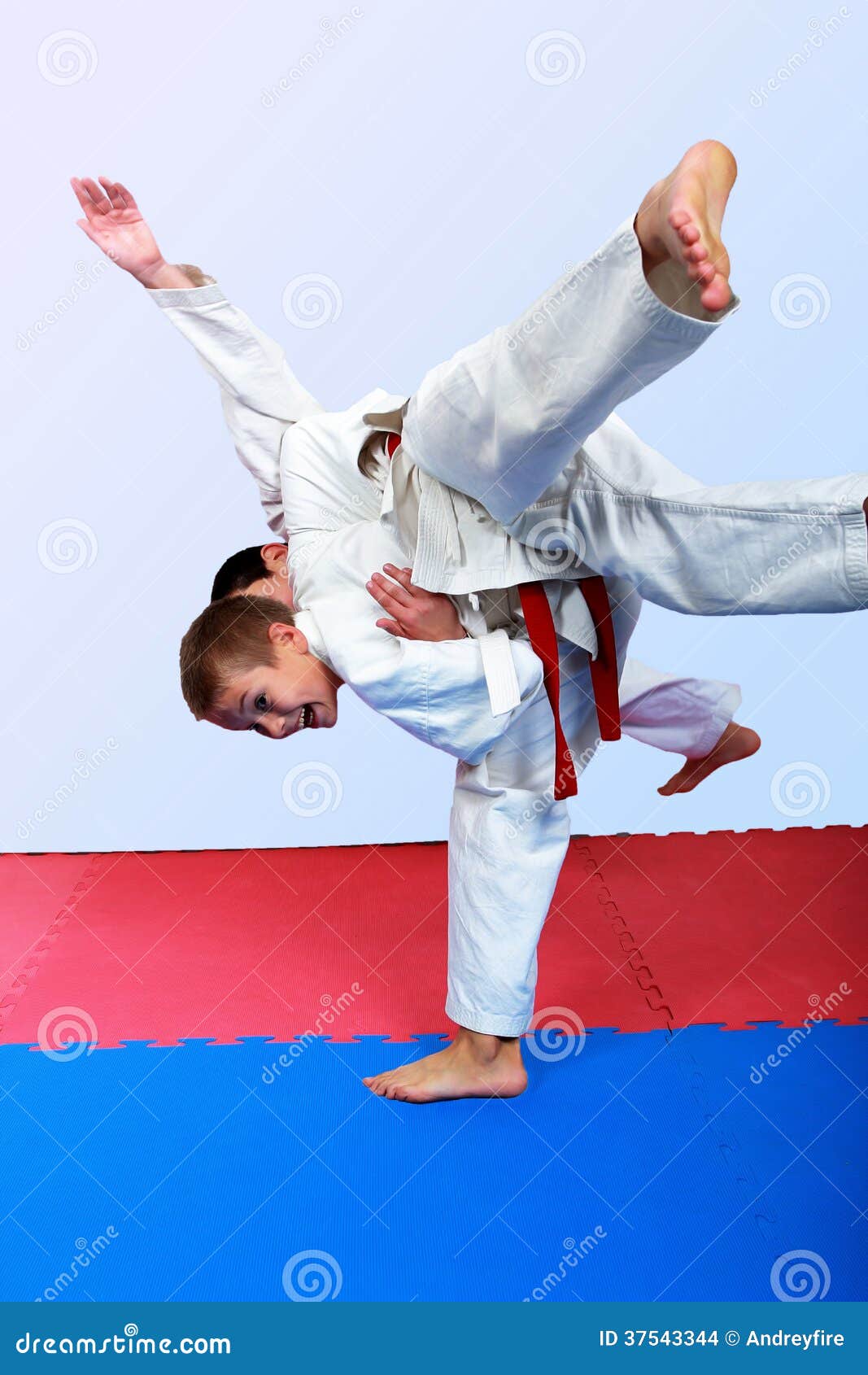 Small Athlete with a White Belt Performs Throw Judo Stock Photo Image