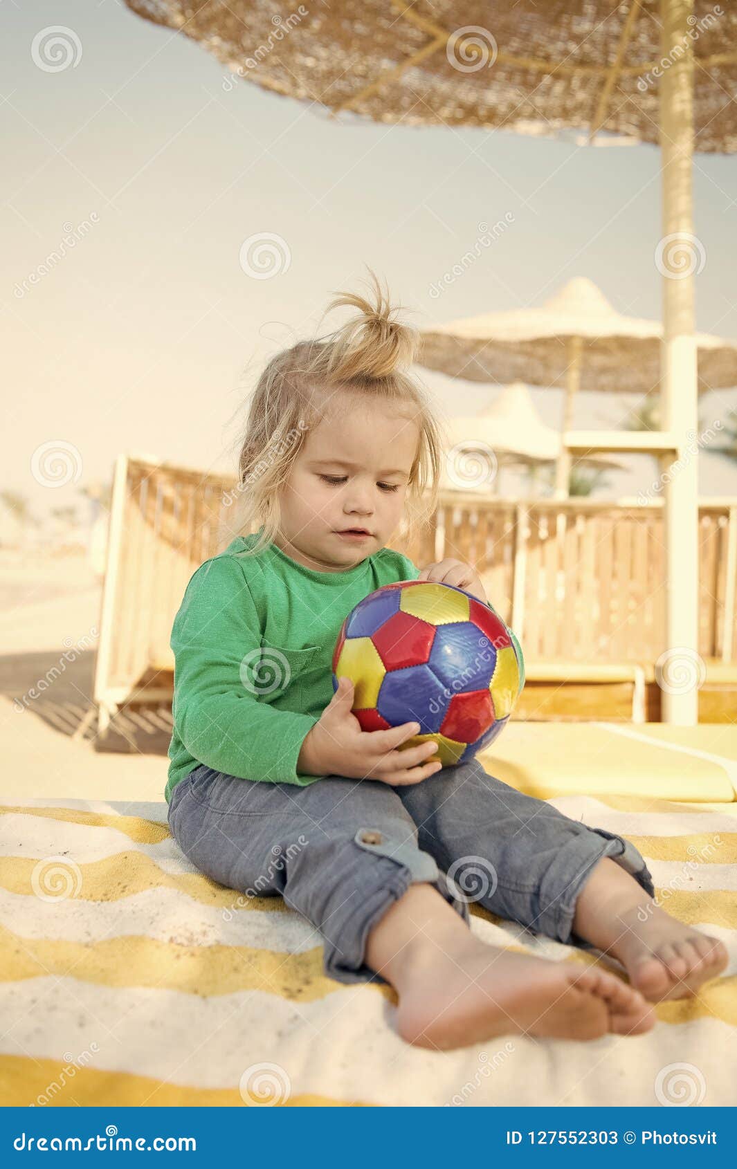 Small Baby Boy With Adorable Face Sunny Summer With Ball ...