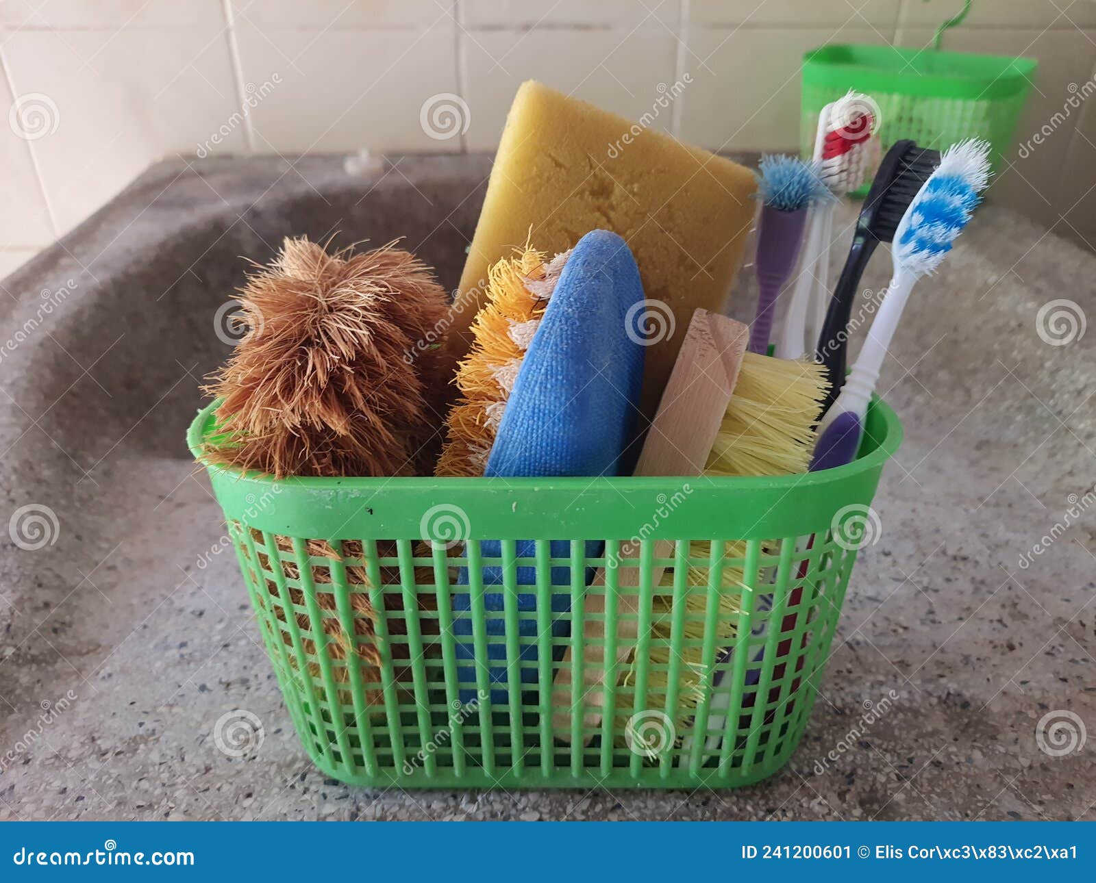 Small Basket with Various Models of Cleaning Brushes Stock Image