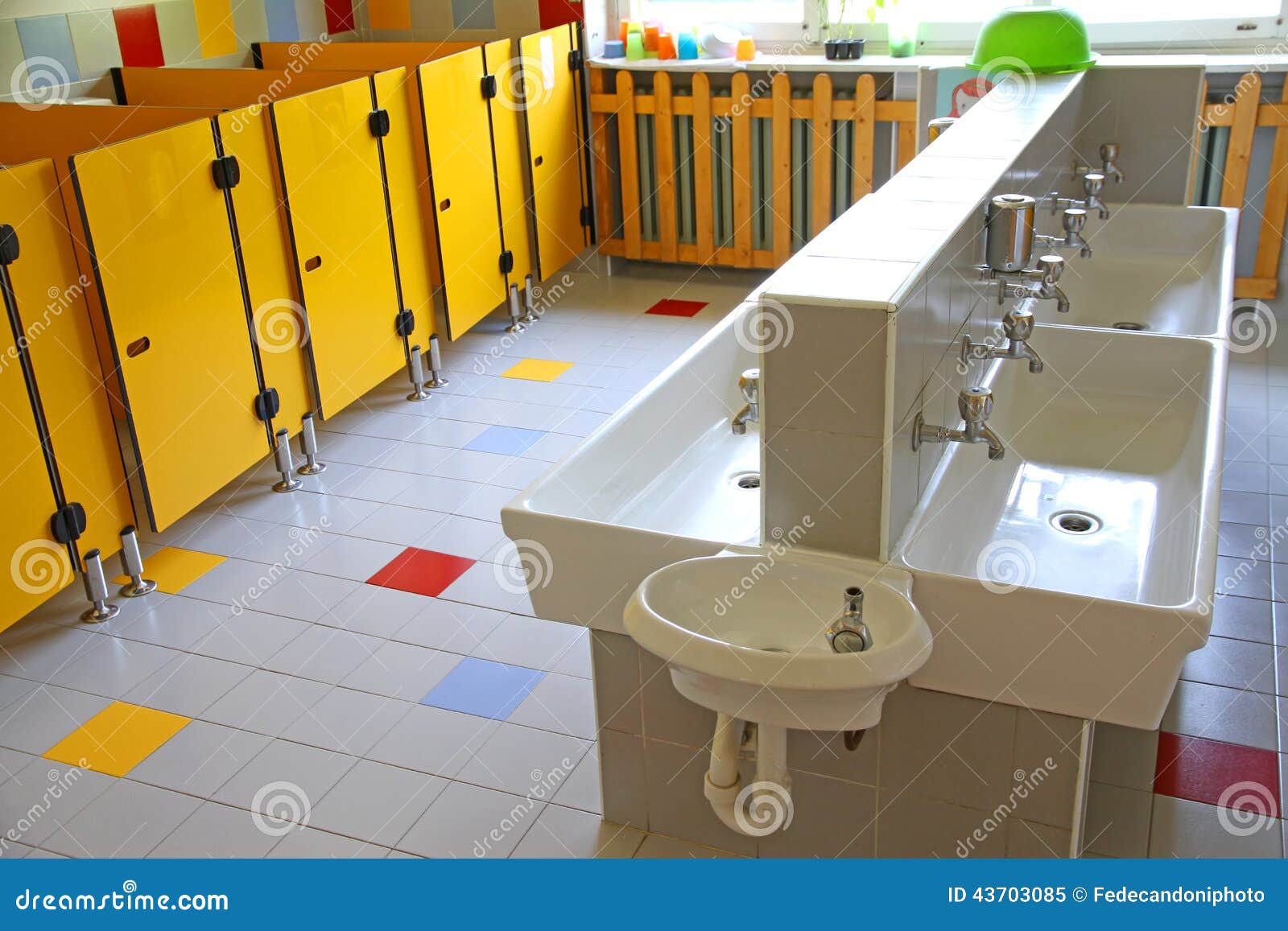 Small Bathrooms and Low Sinks in a School for Young Children Stock