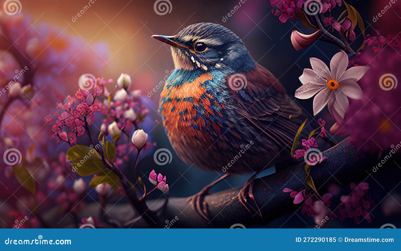 Small Beautiful Bird on Blossom Tree. Generative AI Stock Illustration -  Illustration of cherry, animal: 272290185