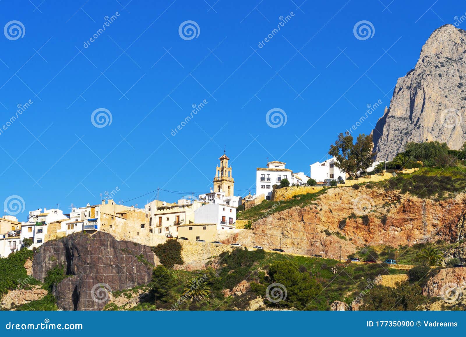 small beautiful village finestrat and puig campana mountain in costa blanca, spain europe
