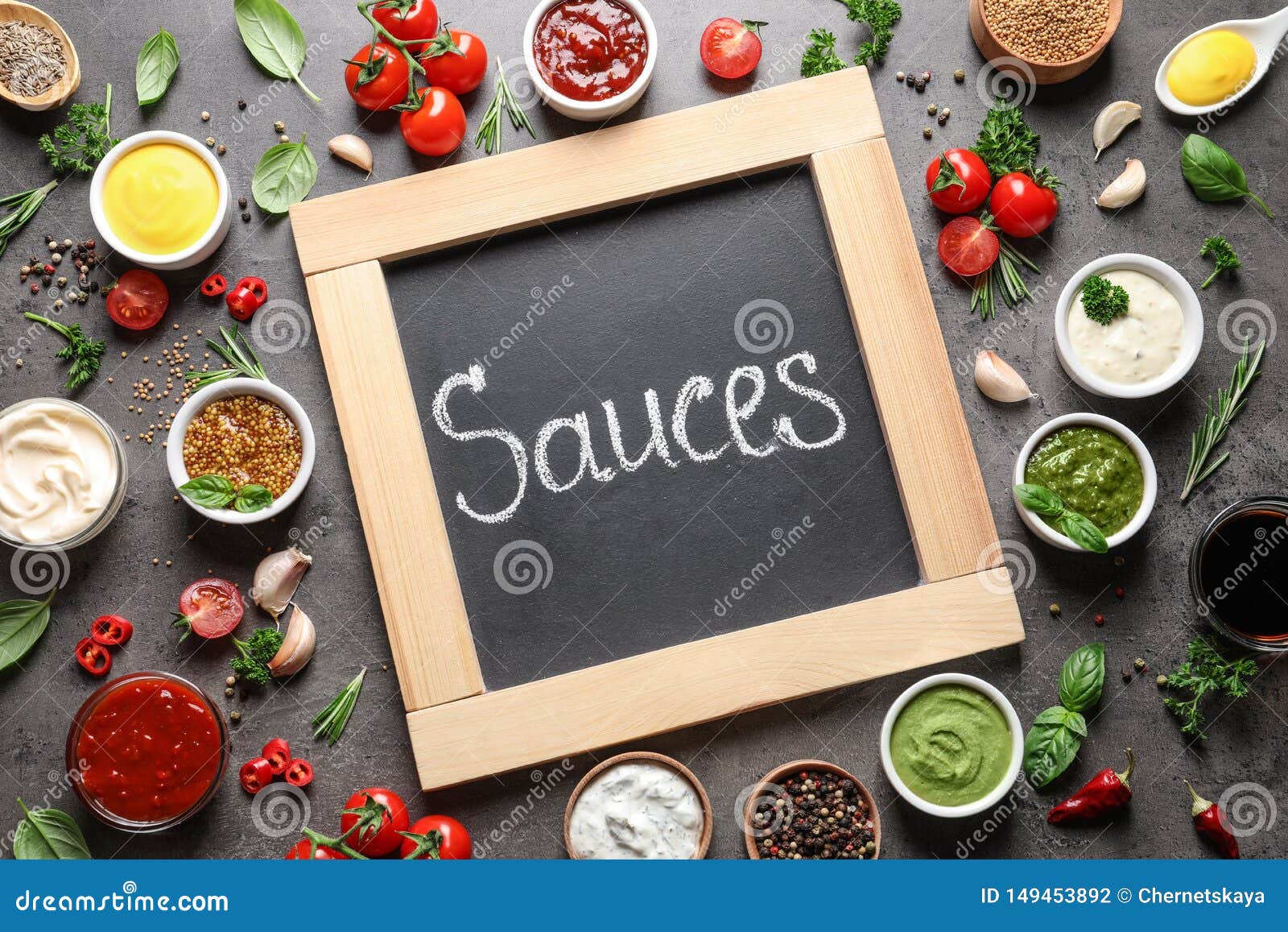 small blackboard with word sauces and different dressings on gray background