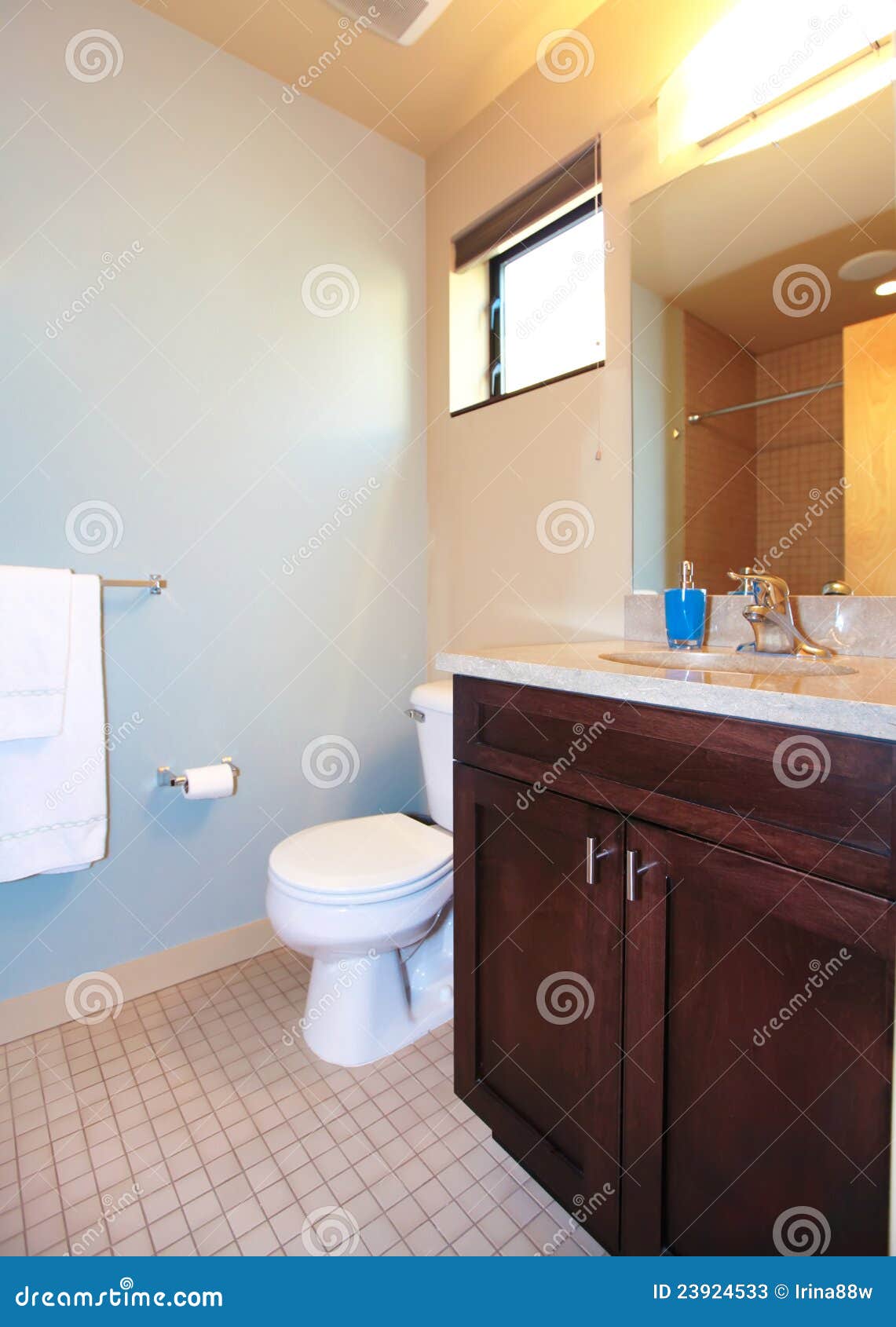 Small Blue Bathroom with Wood Stock Image Image of interior
