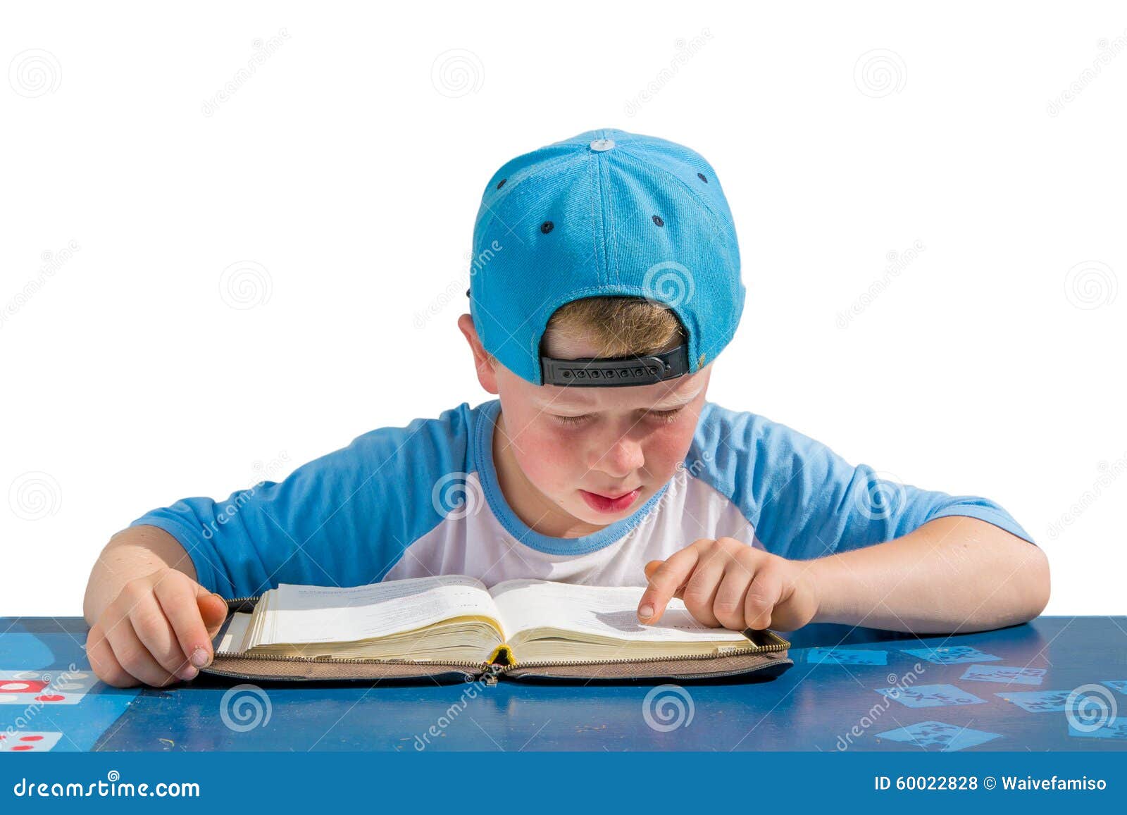 Small Blue Boy Reading Bible Stock Photo Image of cute, front 60022828