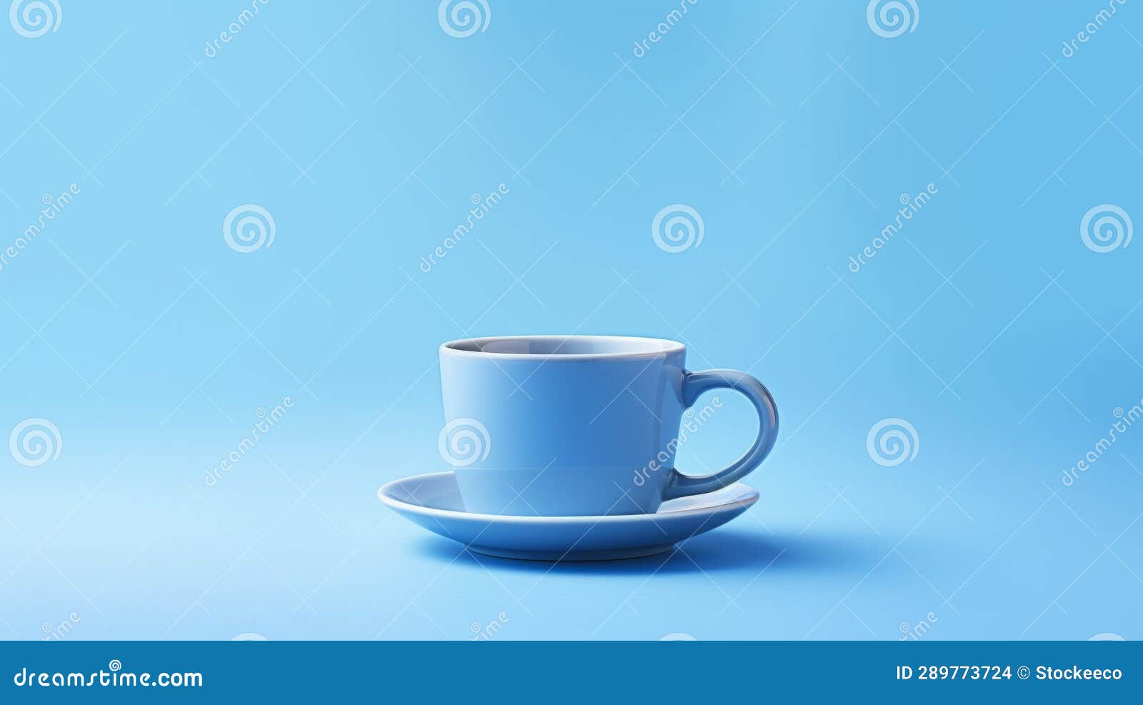 blue cup with saucer on a spaced out blue background