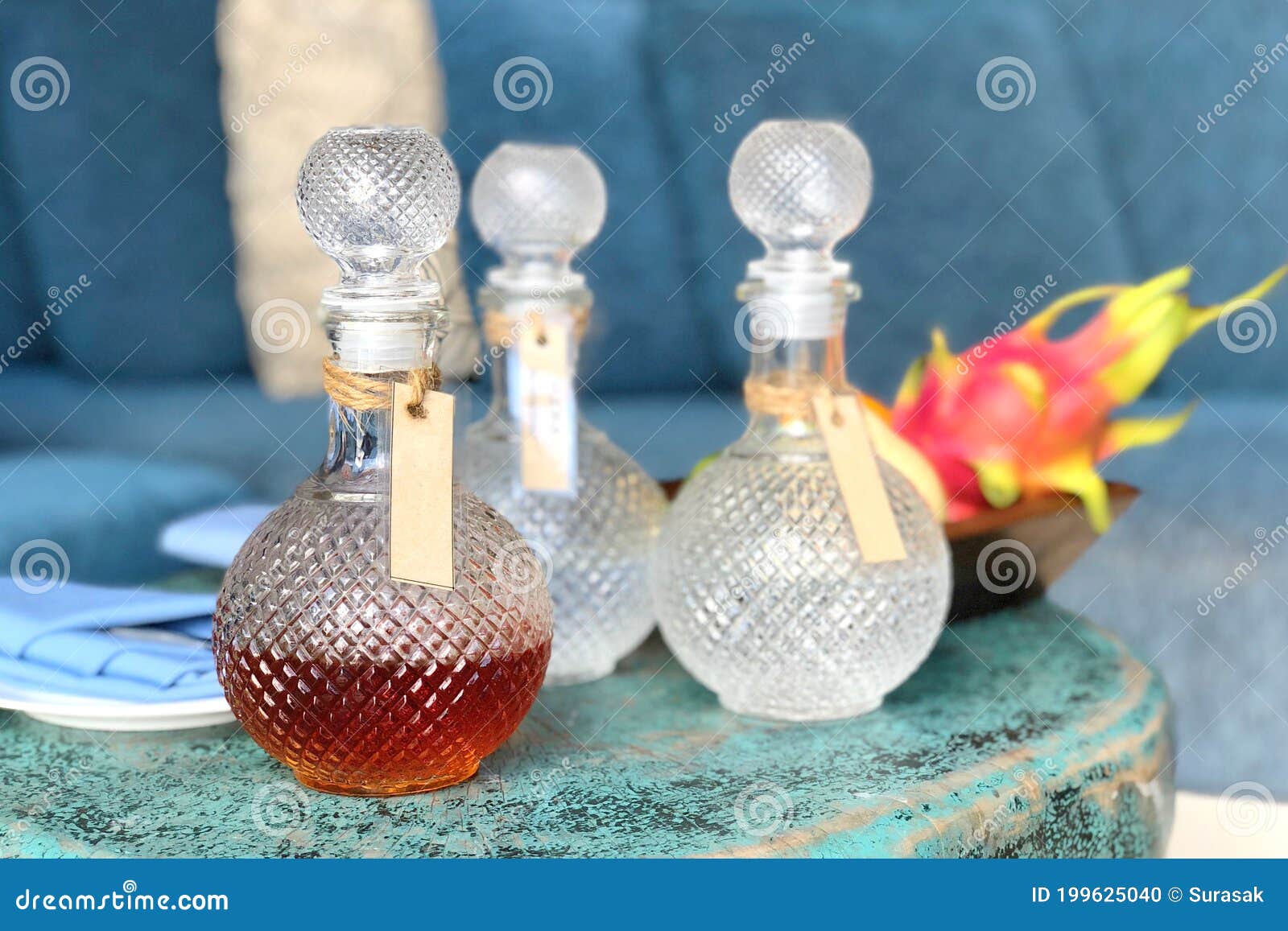 Small Bottles of Alcoholic Beverages Minibar in a Luxury Hotel Stock