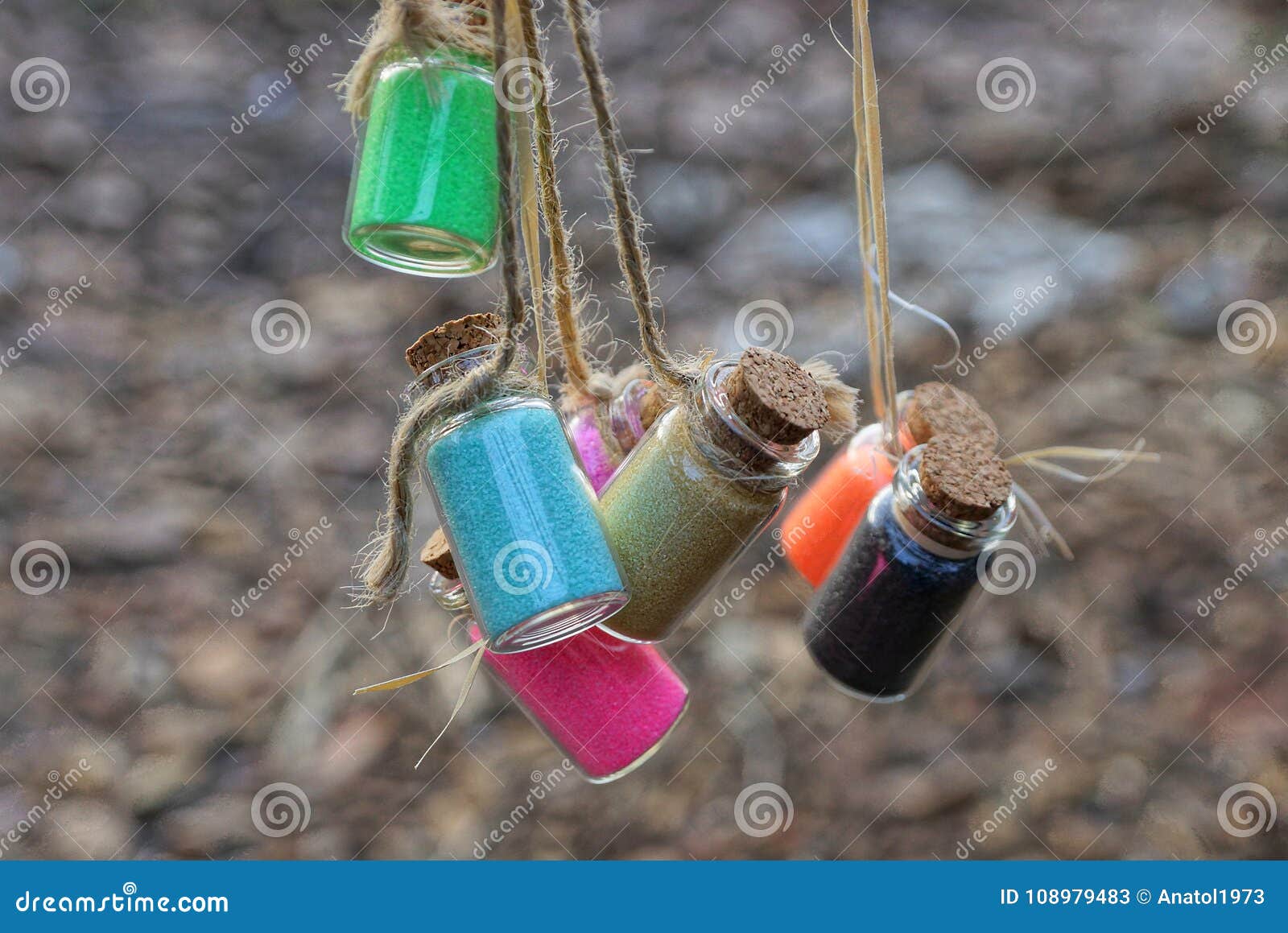 Small Bottles with Colored Sand Hang on String Stock Image Image of