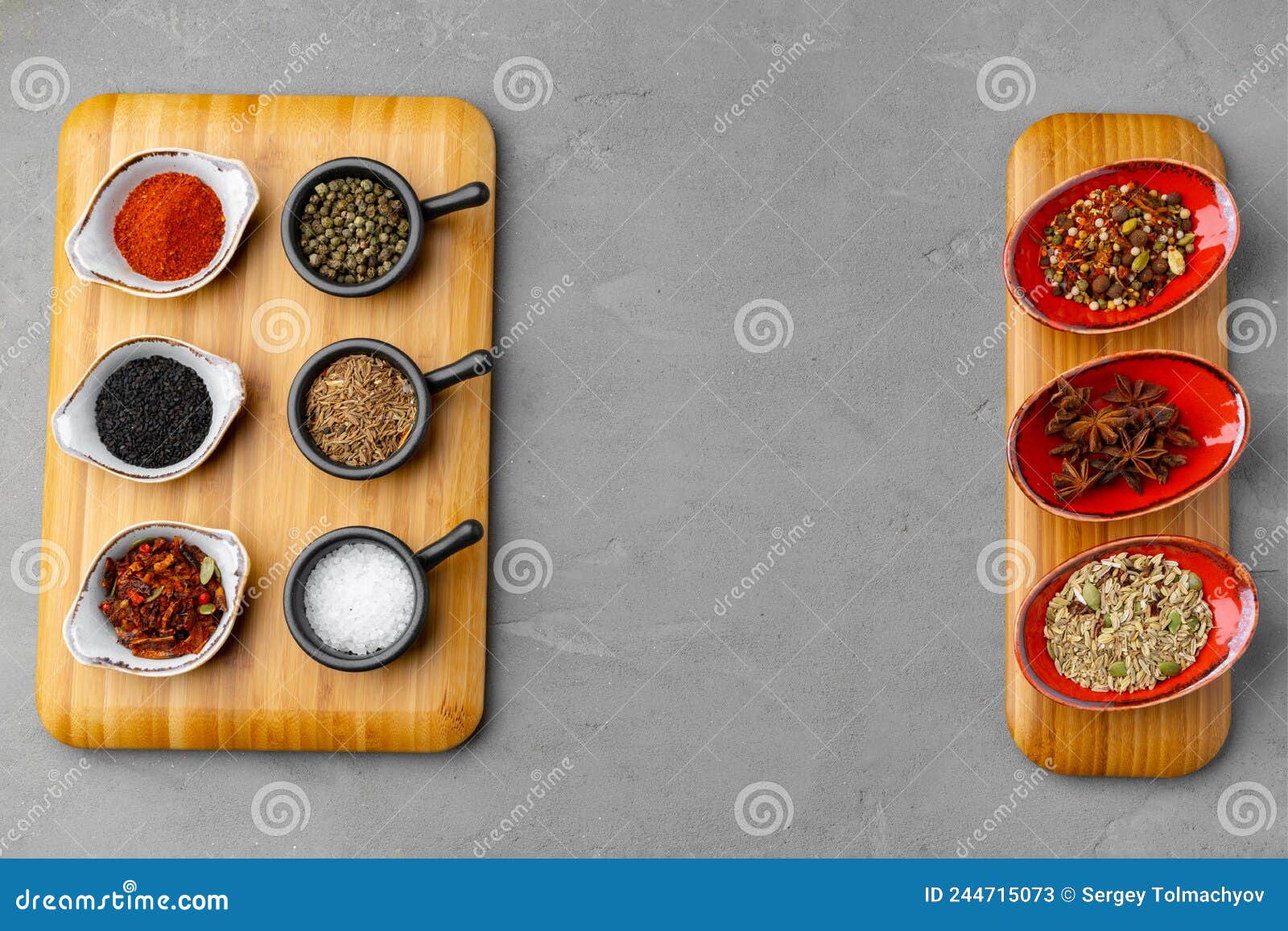 Small Bowls with Spices on Gray Background Stock Image Image of
