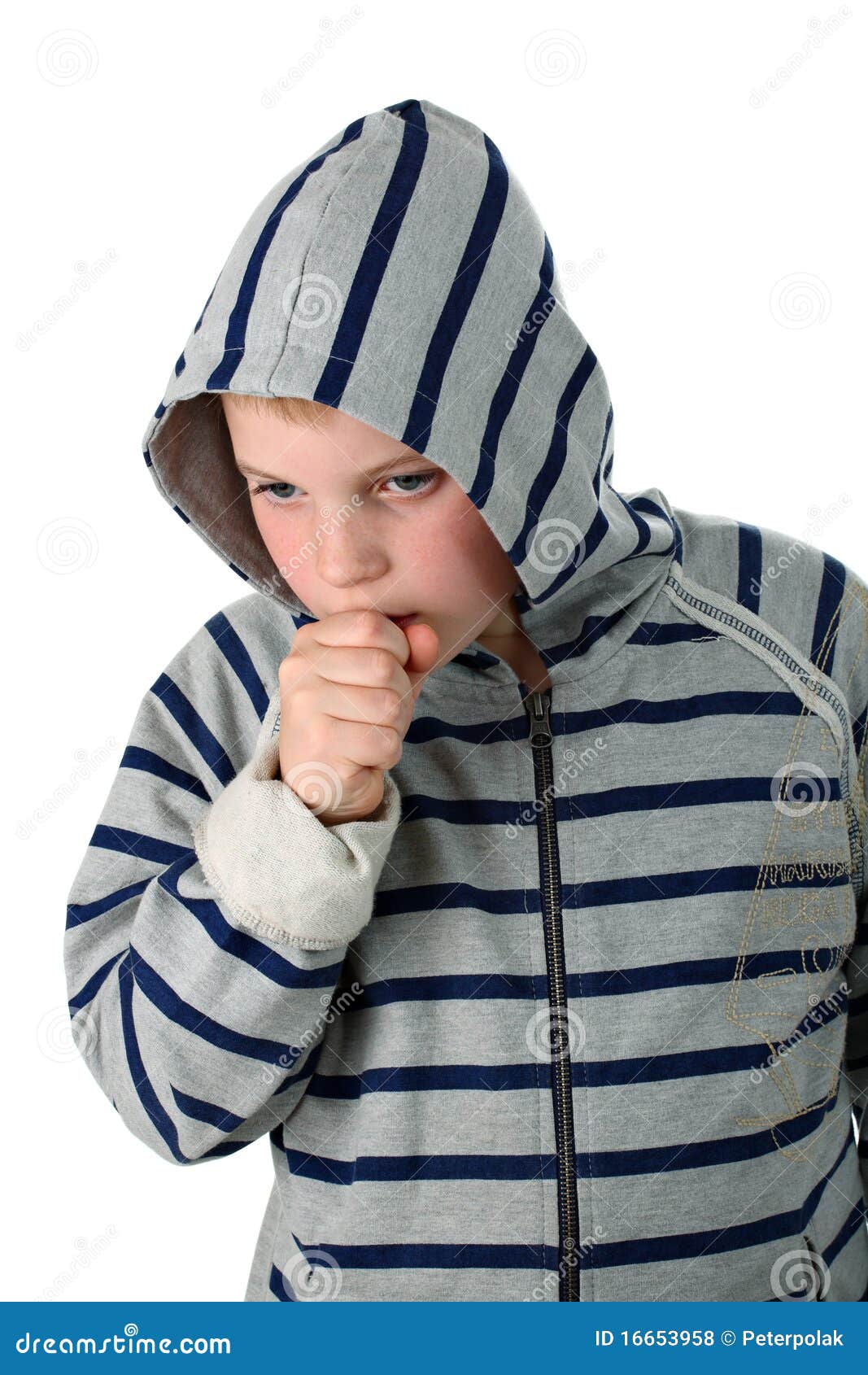 Small Boy Coughing in a Hood Isolated on White Stock Photo - Image of ...