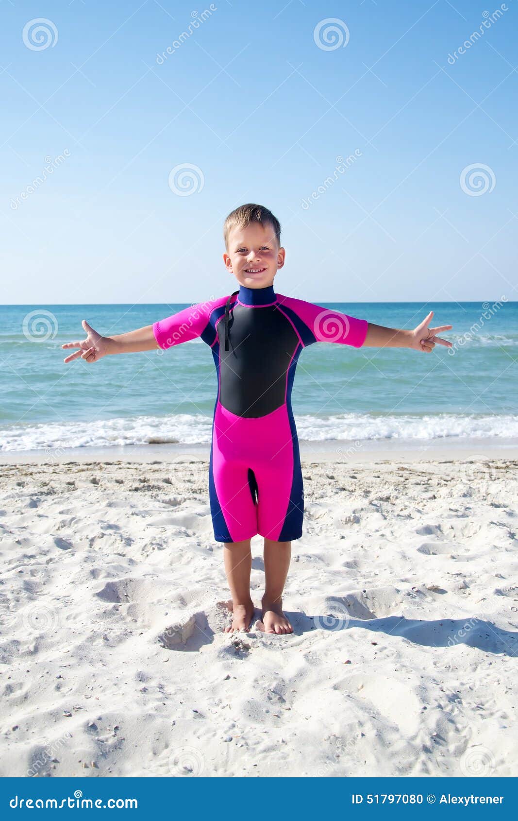 Small Boy in His Diving Suit Smiling at the Beach Stock Photo Image