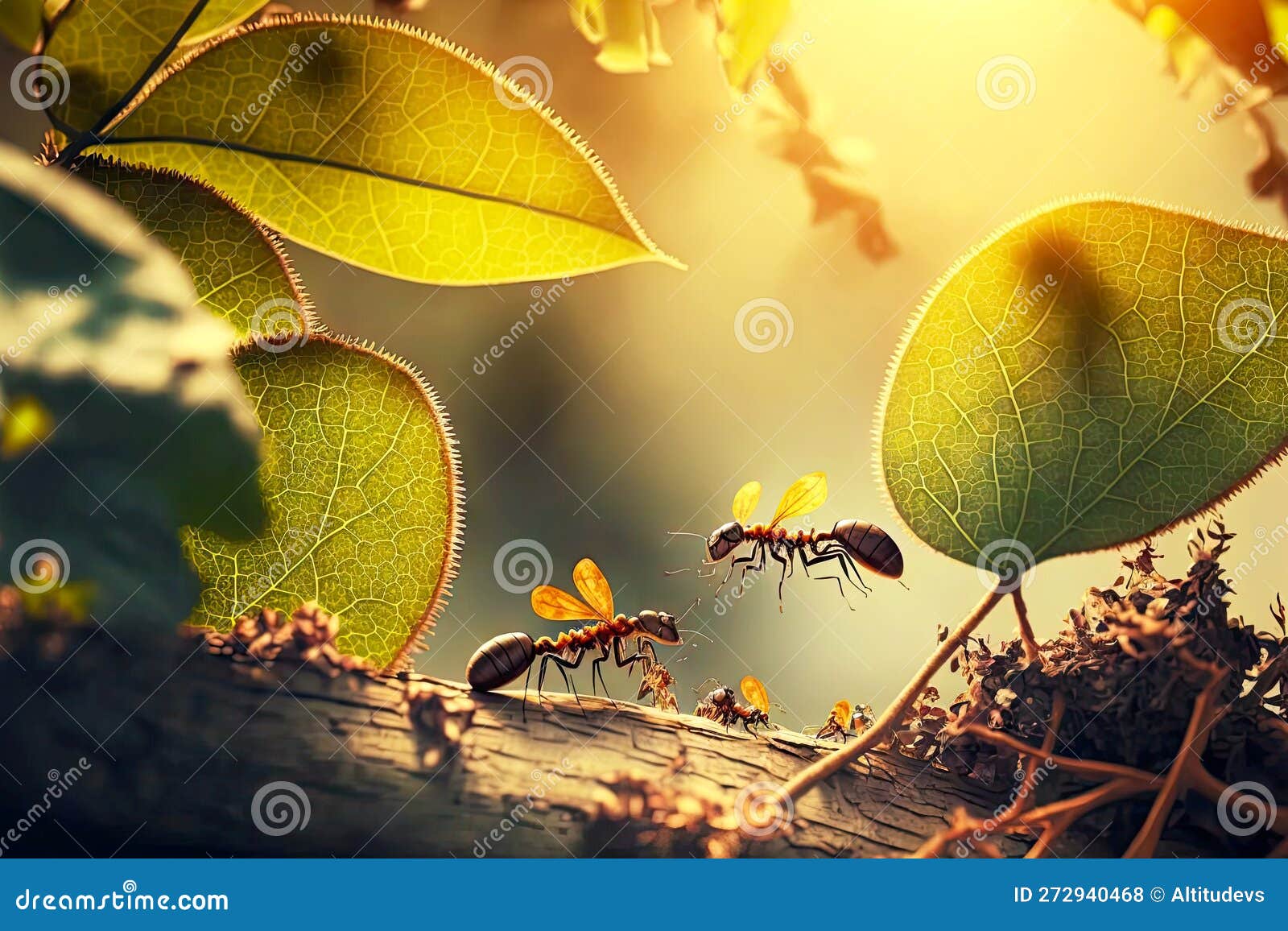 Small Brown Ants Carrying and Crawling Along Tree Branch Stock ...
