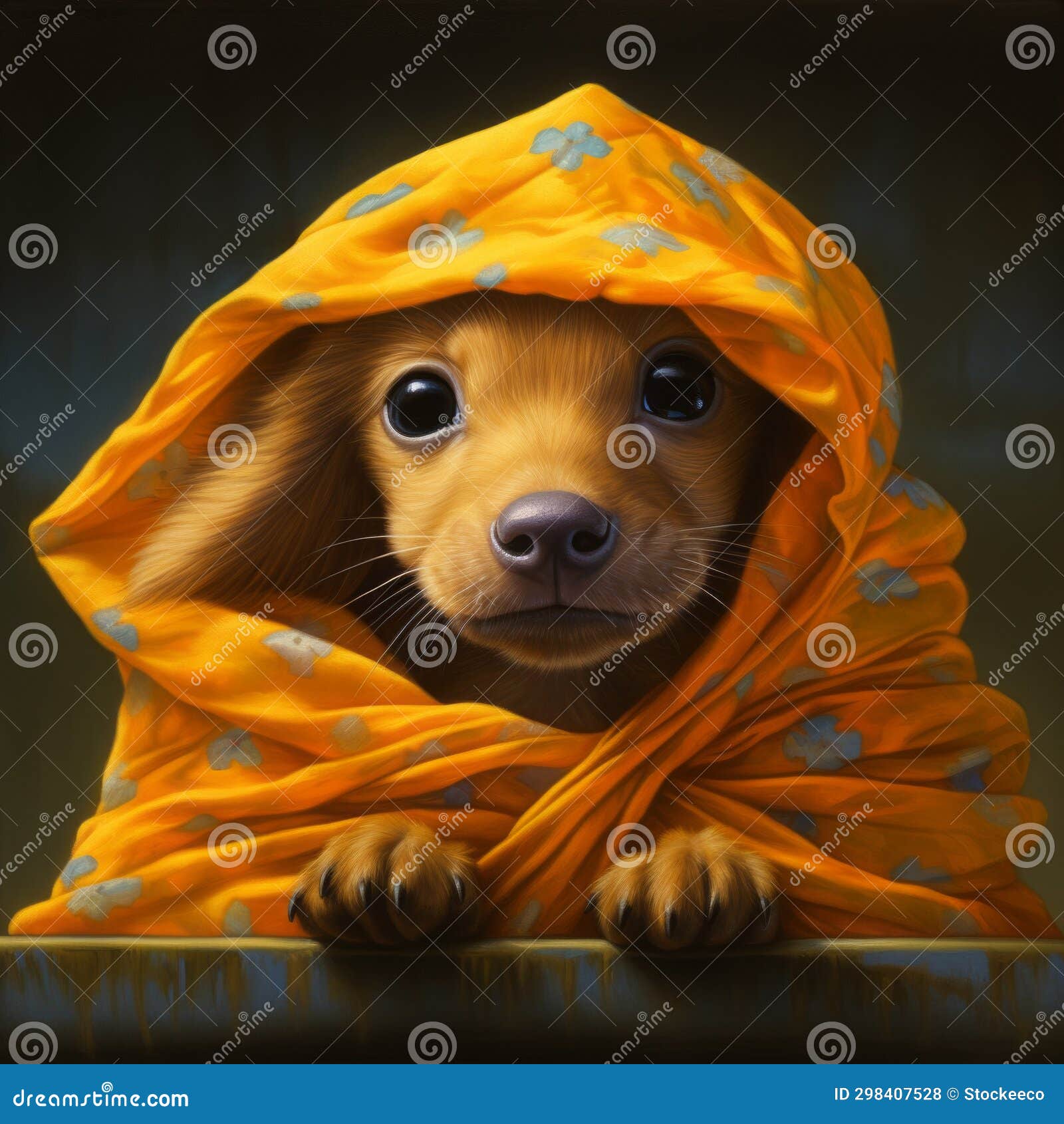 dreamy dog in orange scarf: hyperrealistic  of indian pop culture