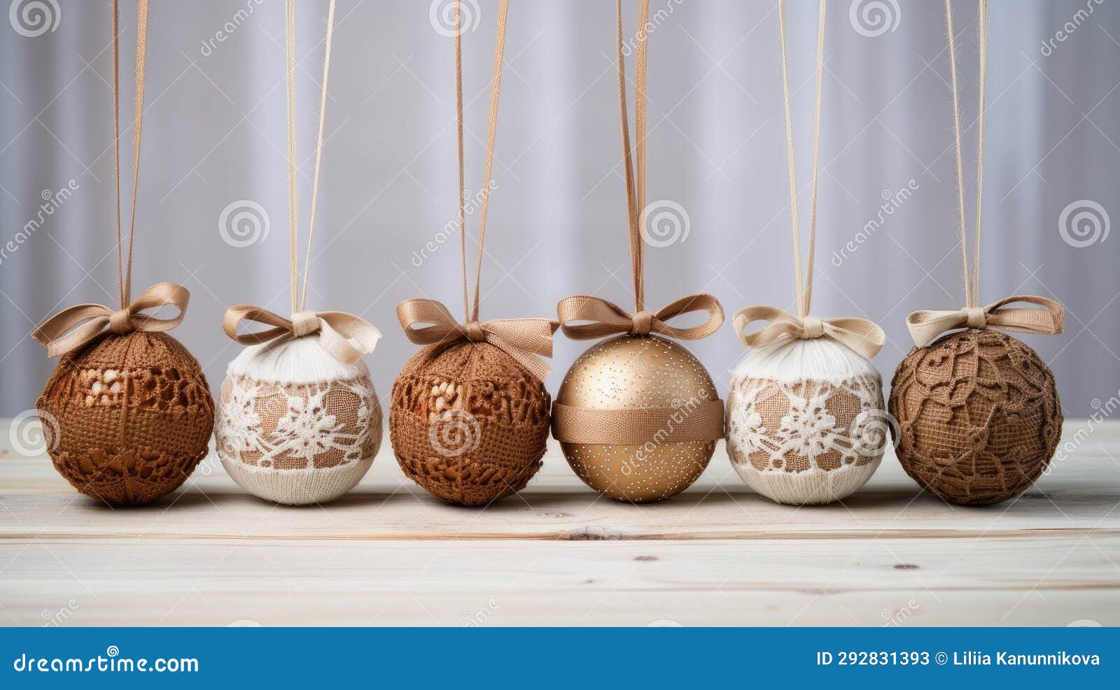 small burlap christmas ornaments with lace and ribbon, in the style of symmetrical asymmetry, aykut aydogdu, eye