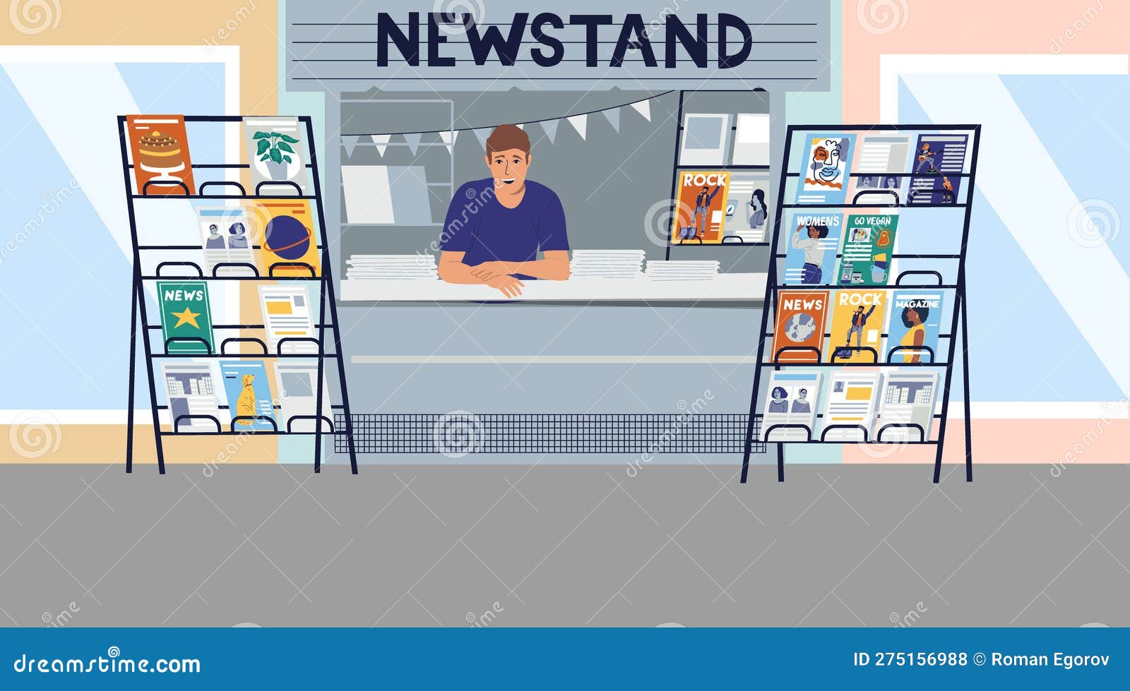 Small Business. Newspapers and Magazines Trading. Salesman at Street Shop  Counter. Outdoor Store Showcase Stock Vector - Illustration of store,  booth: 275156988