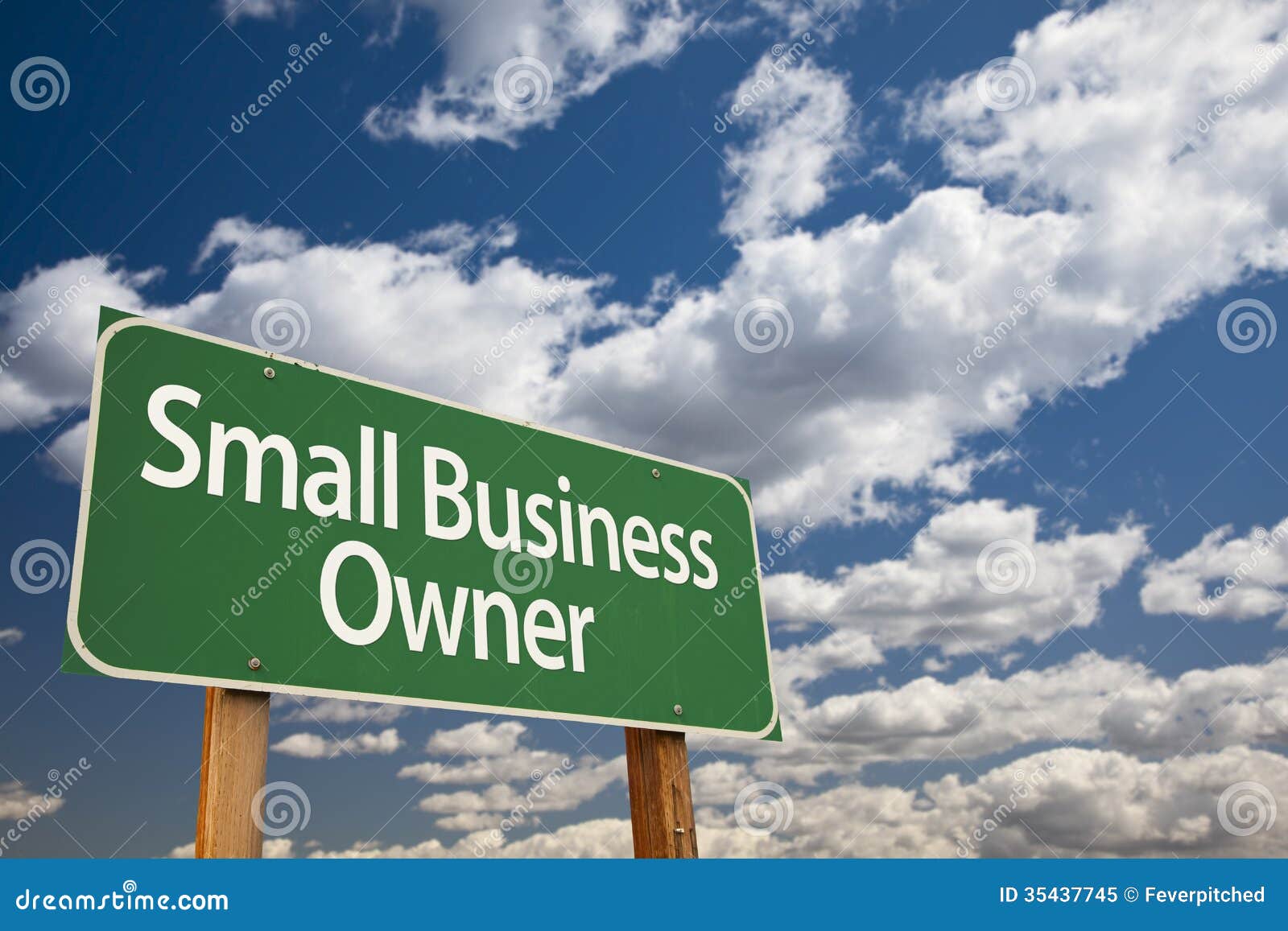 small business owner green road sign and clouds
