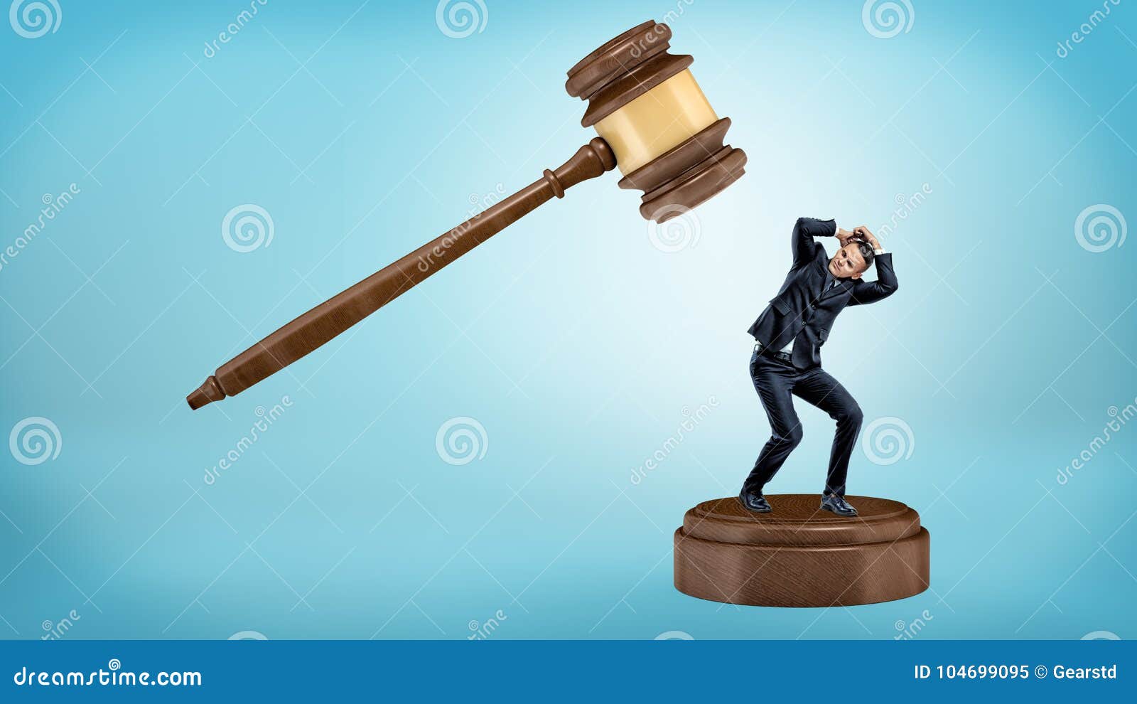 a small businessman tries to avoid a giant gavel strike while standing on a sound block.