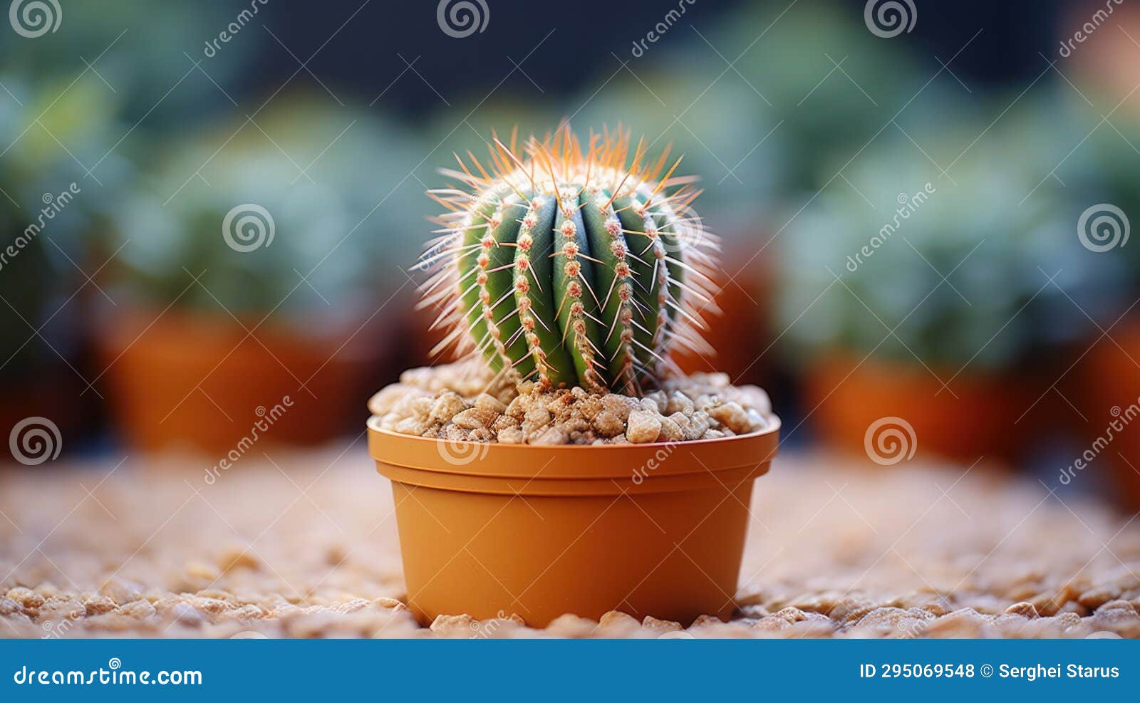 A Small Cactus Plant in a Pot on a Table, AI Stock Photo Image of