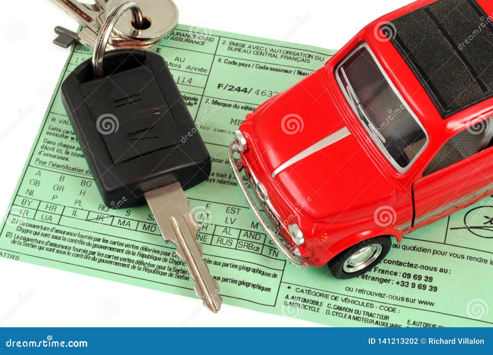 Small Car and Ignition Key on a Certificate of Insurance Editorial