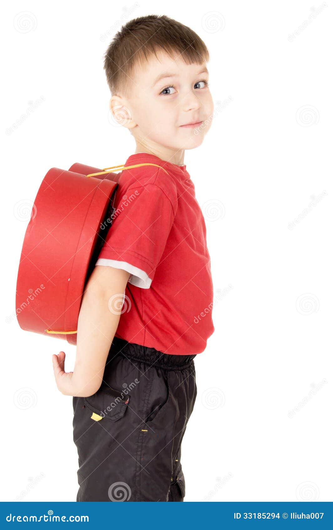 A Small Child Stand Is With A Backpack In The Form Of Heart Stock Photo