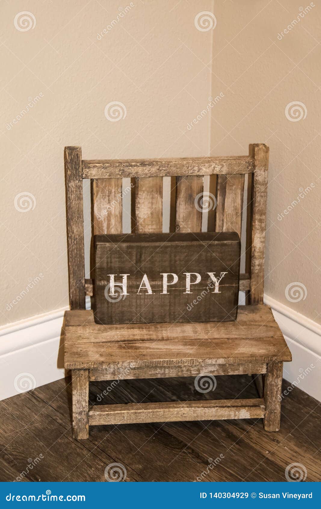 Small Childs Rustic Wooden Chair Sitting In The Corner Of A Room