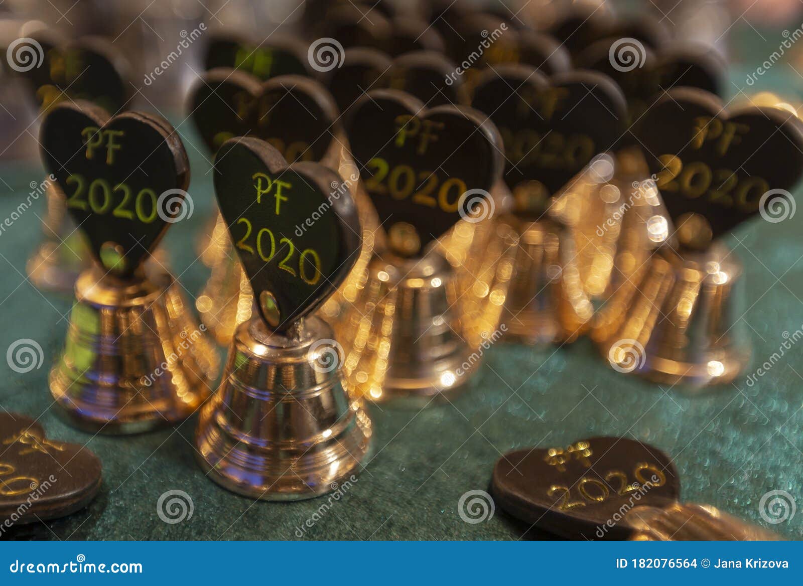 Small Christmas Bells with PF 2020 on Green Velvet Stock Photo Image of classic, decoration
