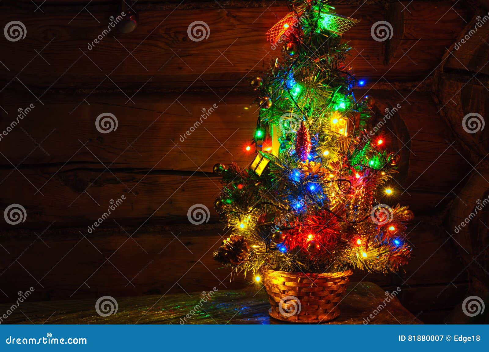 Small Christmas Tree With Multi Colored Lights At Dark