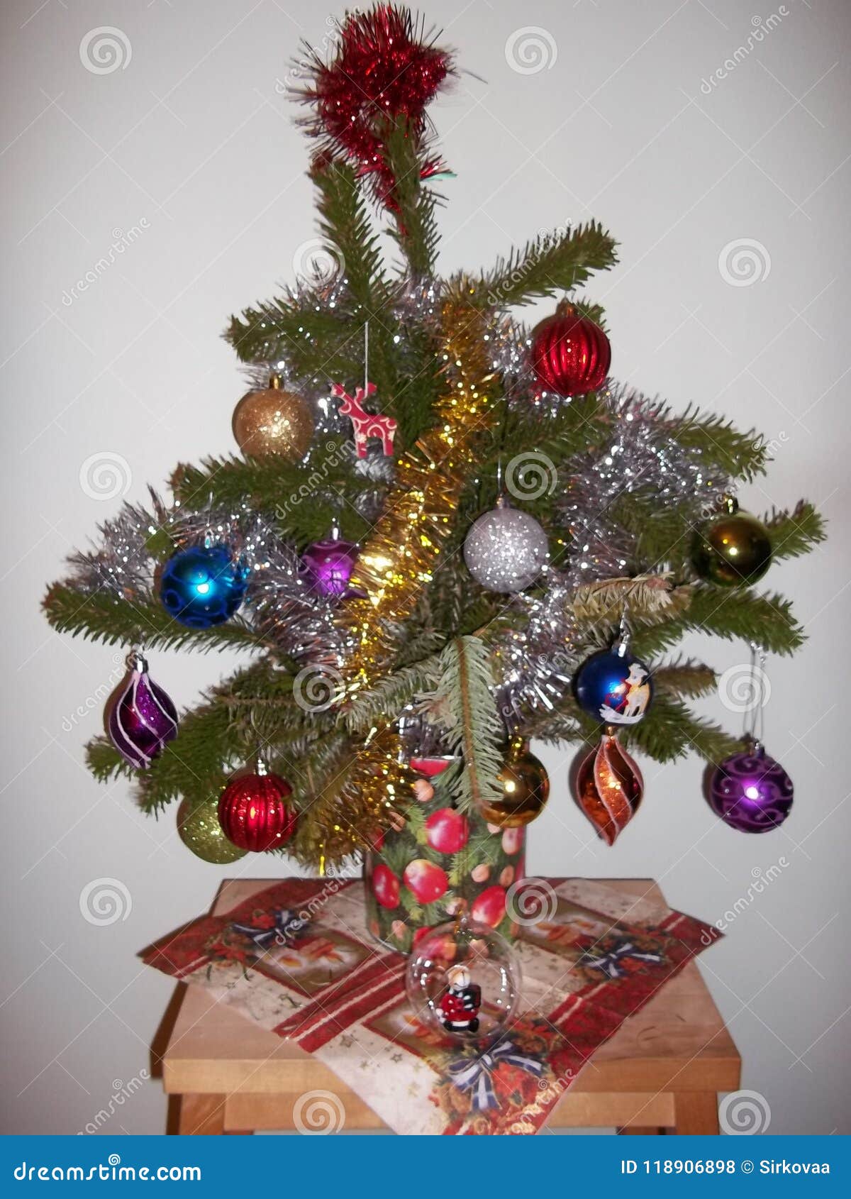 Small Christmas Tree in a Pot with Christmas Balls Stock Photo - Image ...