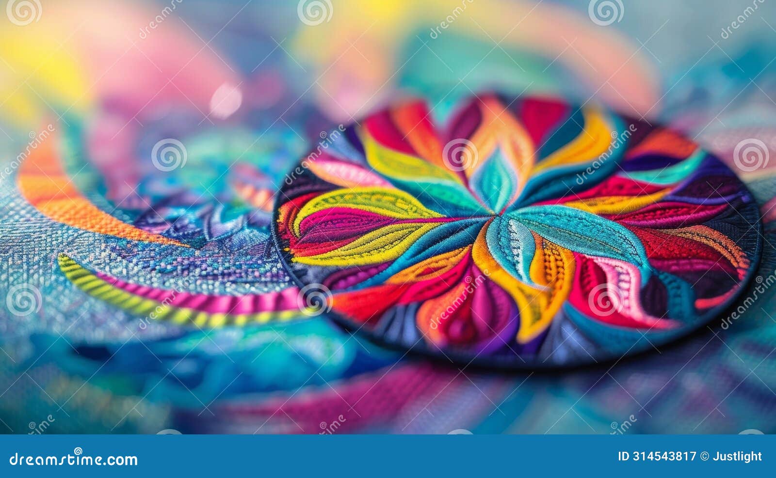 a small circular patch of fabric printed with a subtle pattern of lightsensitive ink. when exposed to sunlight the