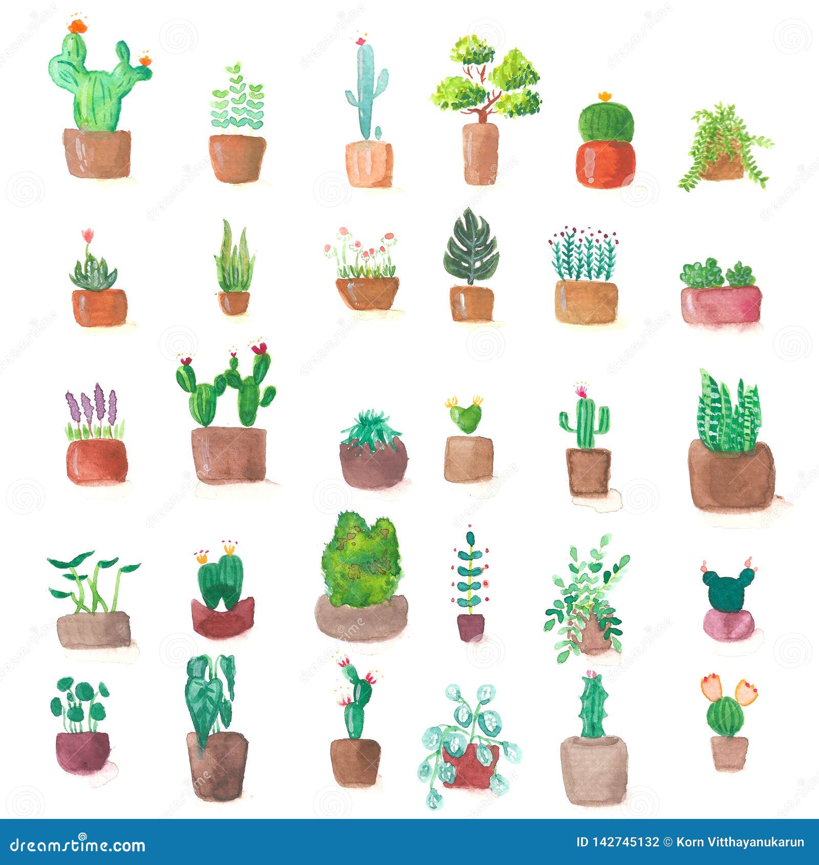 Download Small Cute Green Cactus Plant Pot Set Watercolor Painting ...