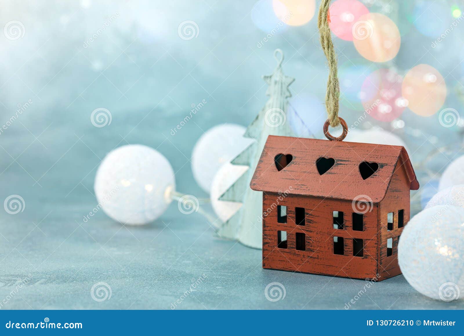 Small Decorative Red House with Garland Lights Balls on Blurred Stock ...