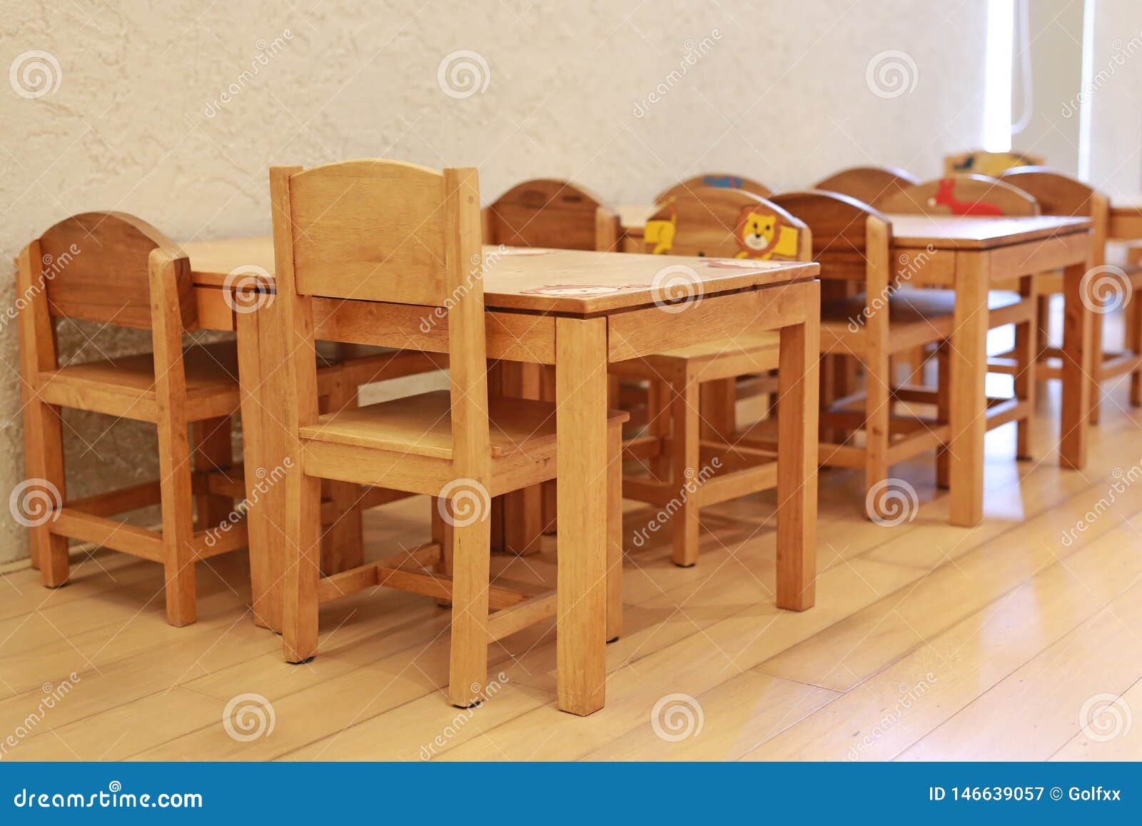 Small Desk And Chairs For Kid In Student Classroom Stock Image