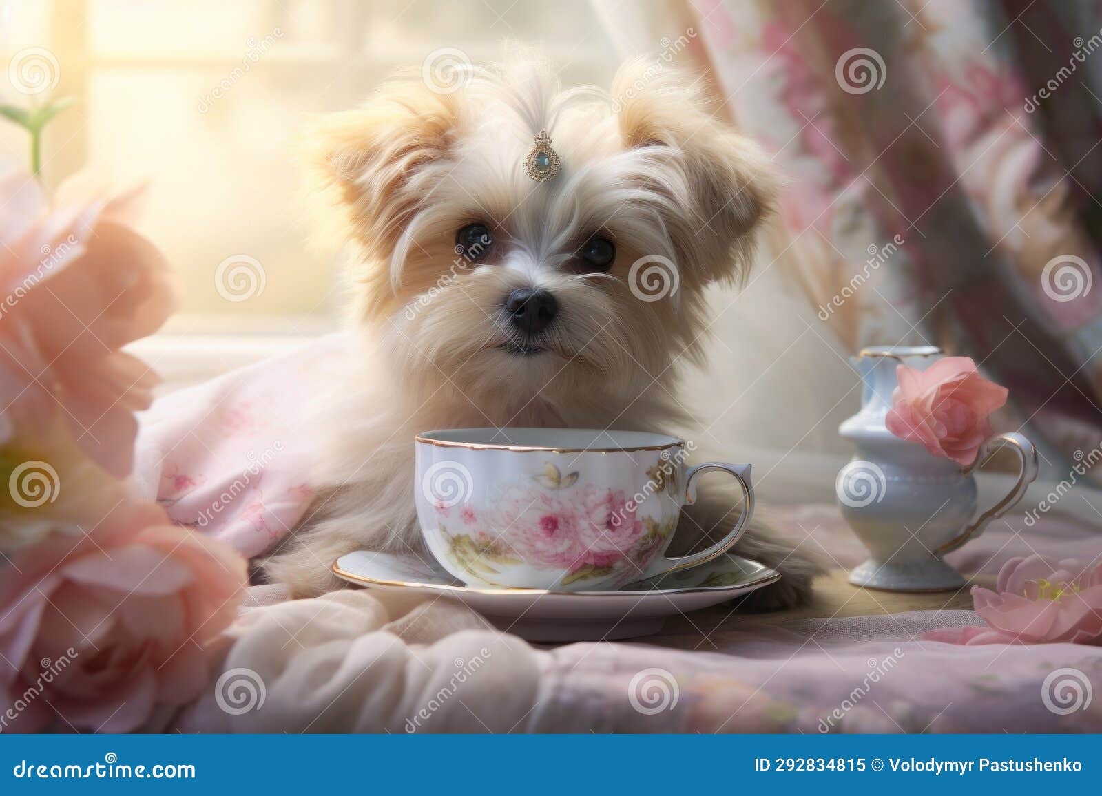 Small Dog Sitting on Bed Next To Cup. Generative AI Stock Image Image
