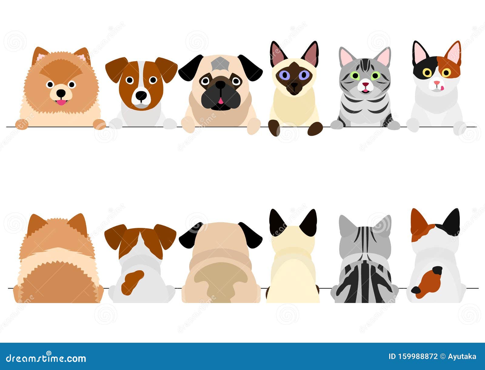 Small Dogs and Cats Border Set, Upper Body, Front and Back Stock Vector Illustration of pets