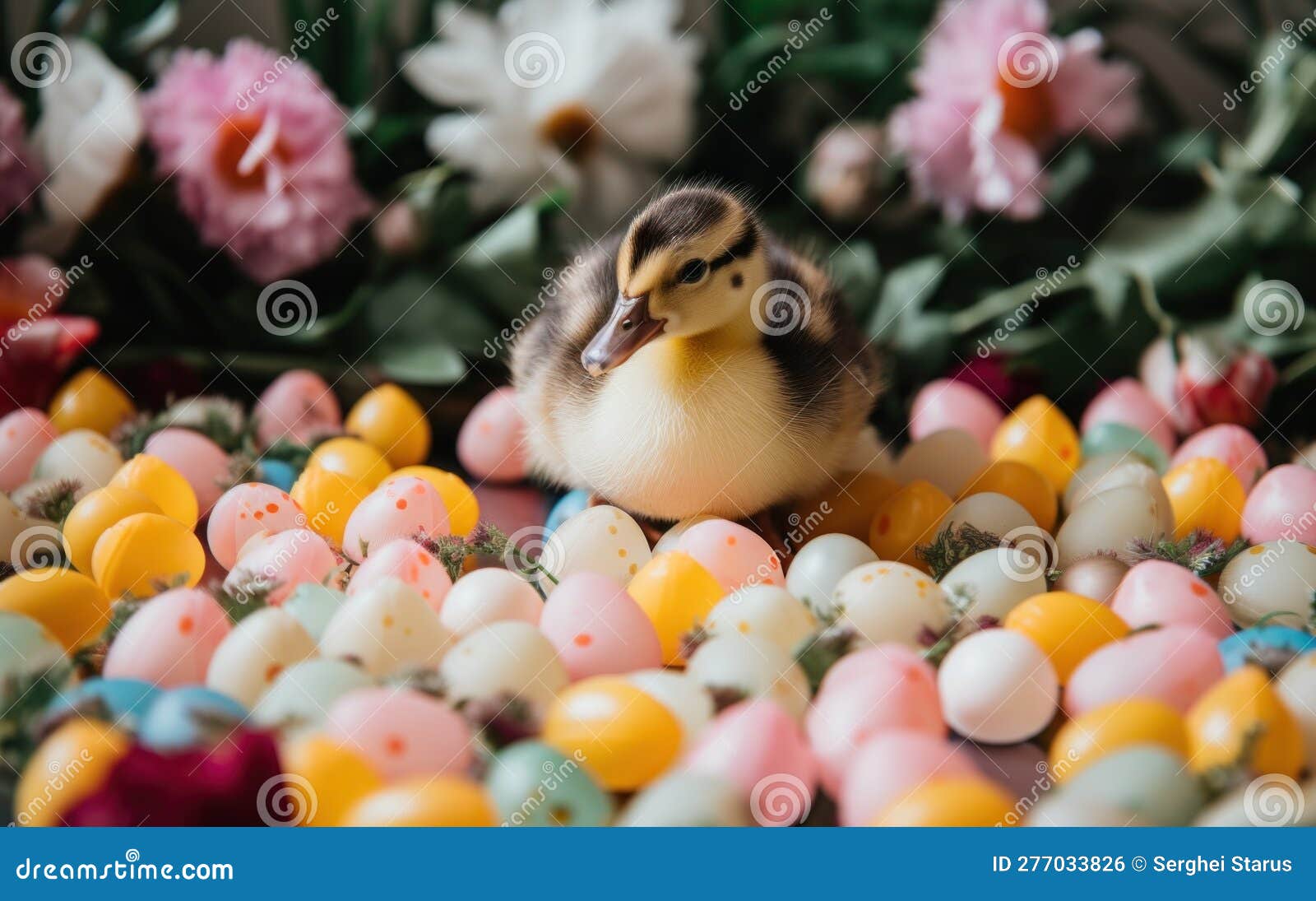A Small Duck Sitting in a Pile of Jelly Eggs. AI Generative Image