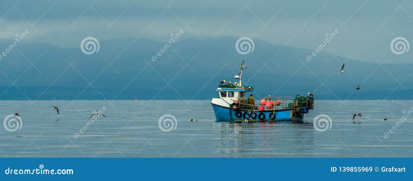 Small Fishing Boat With Lobster Pods And Seagulls On Calm Atlantic In Front  Of The Hebride Islands by Andreas Berthold