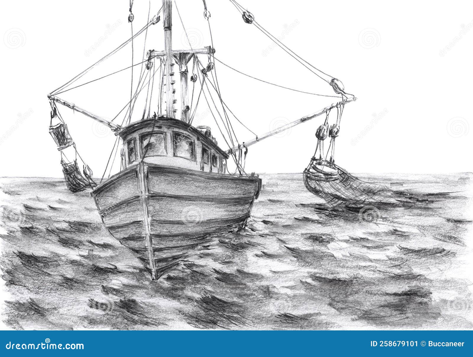 Small Fishing Trawler at Work Stock Illustration Illustration of