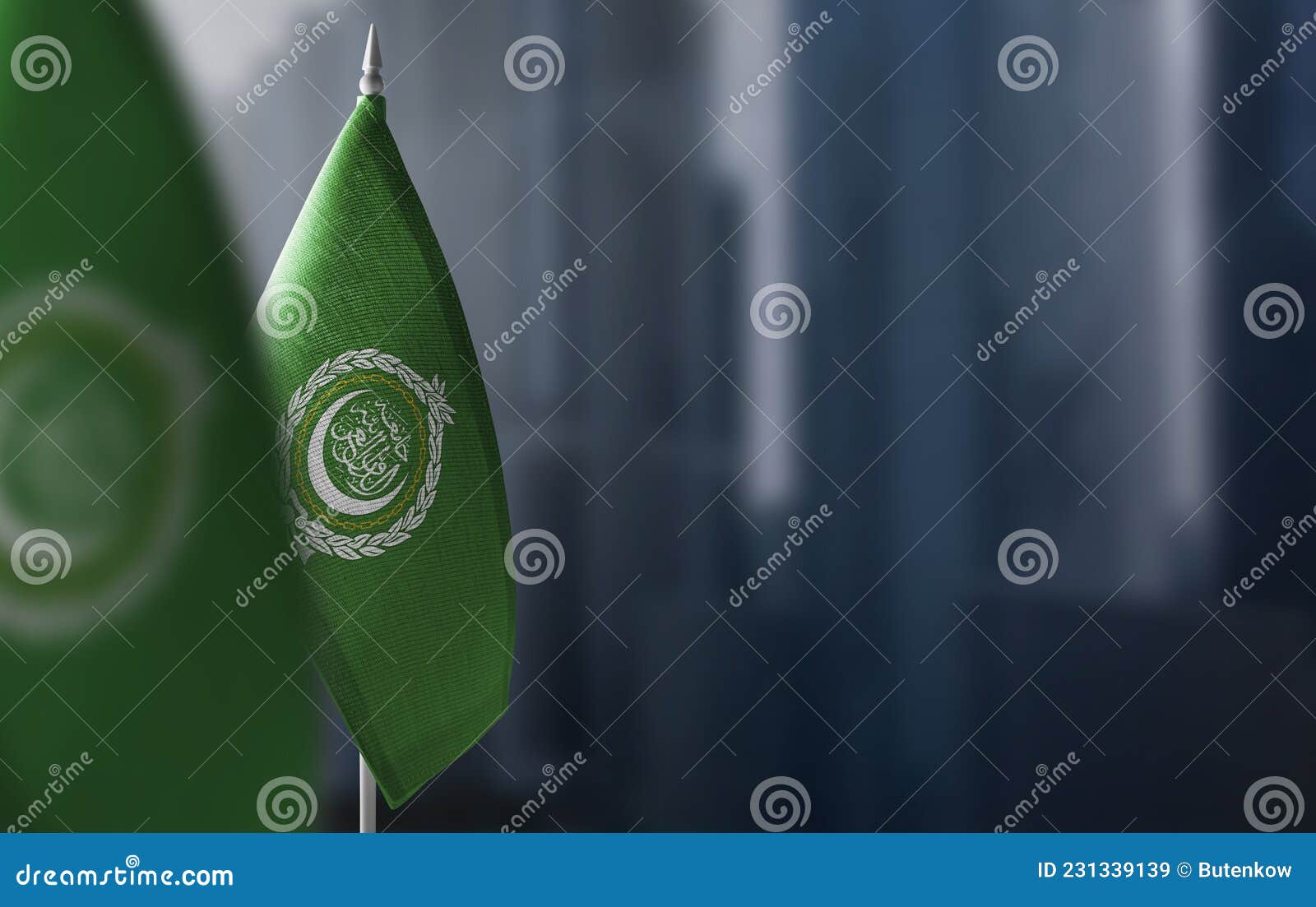 small flags of arab league on a blurry background of the city