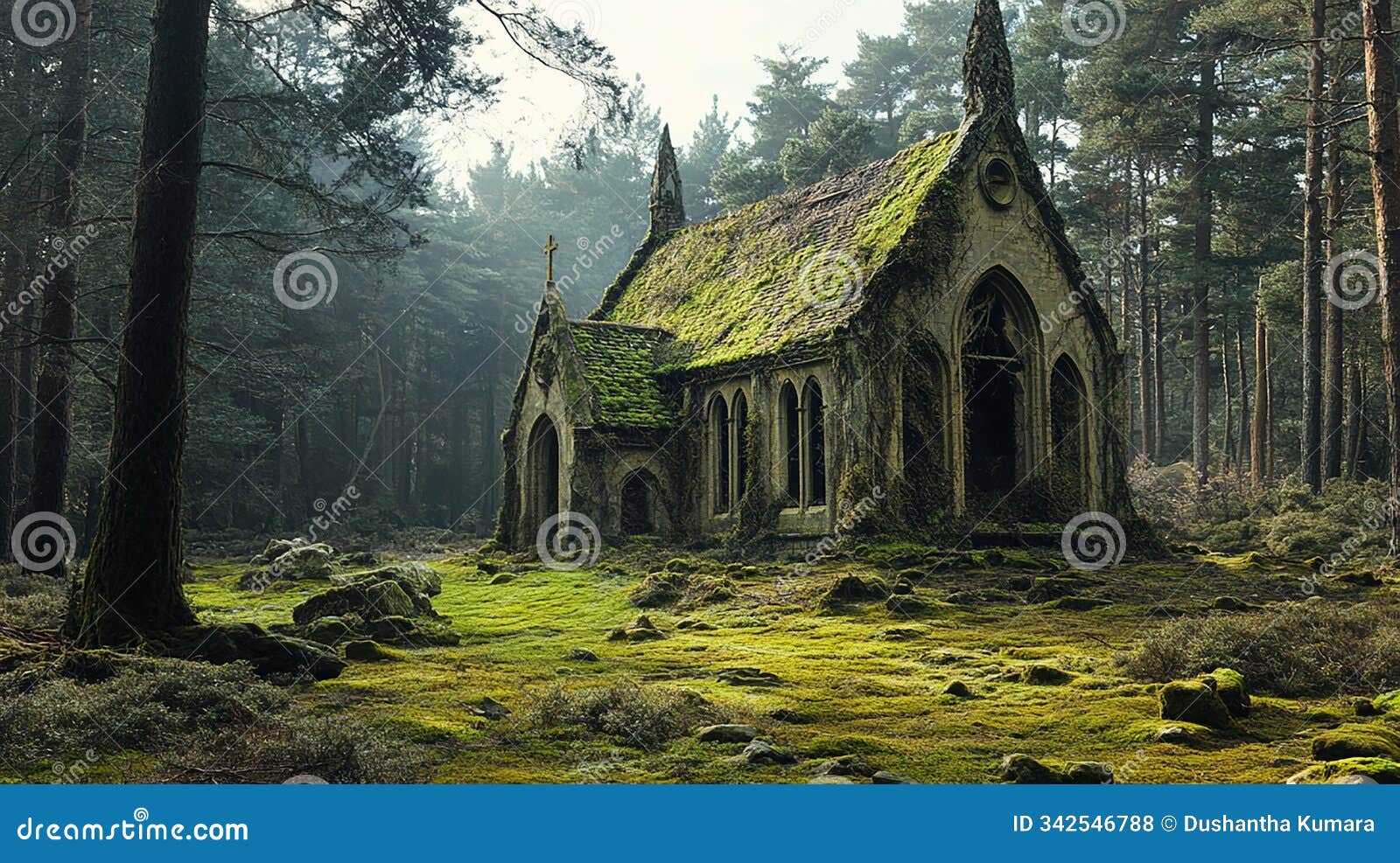 a small forgotten church in the forest where the sunlight filters through the trees, illuminating the weathered stone.