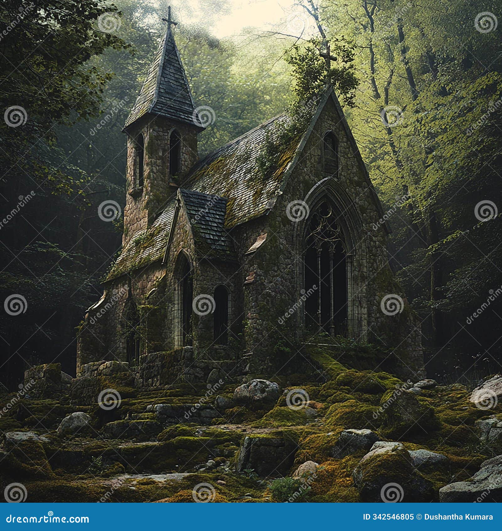 a small forgotten church in the forest where the sunlight filters through the trees, illuminating the weathered stone.