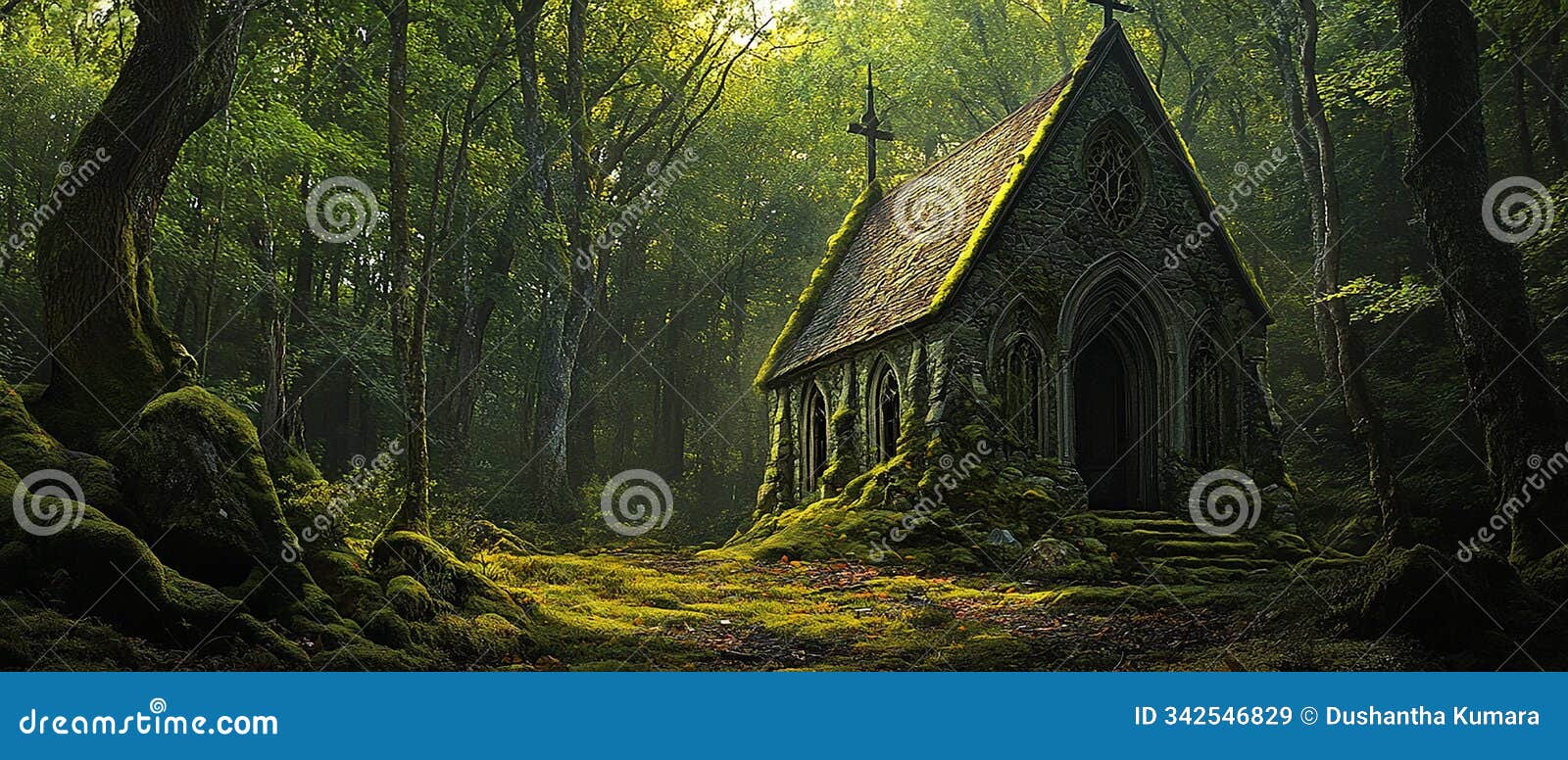 a small forgotten church in the forest where the sunlight filters through the trees, illuminating the weathered stone.