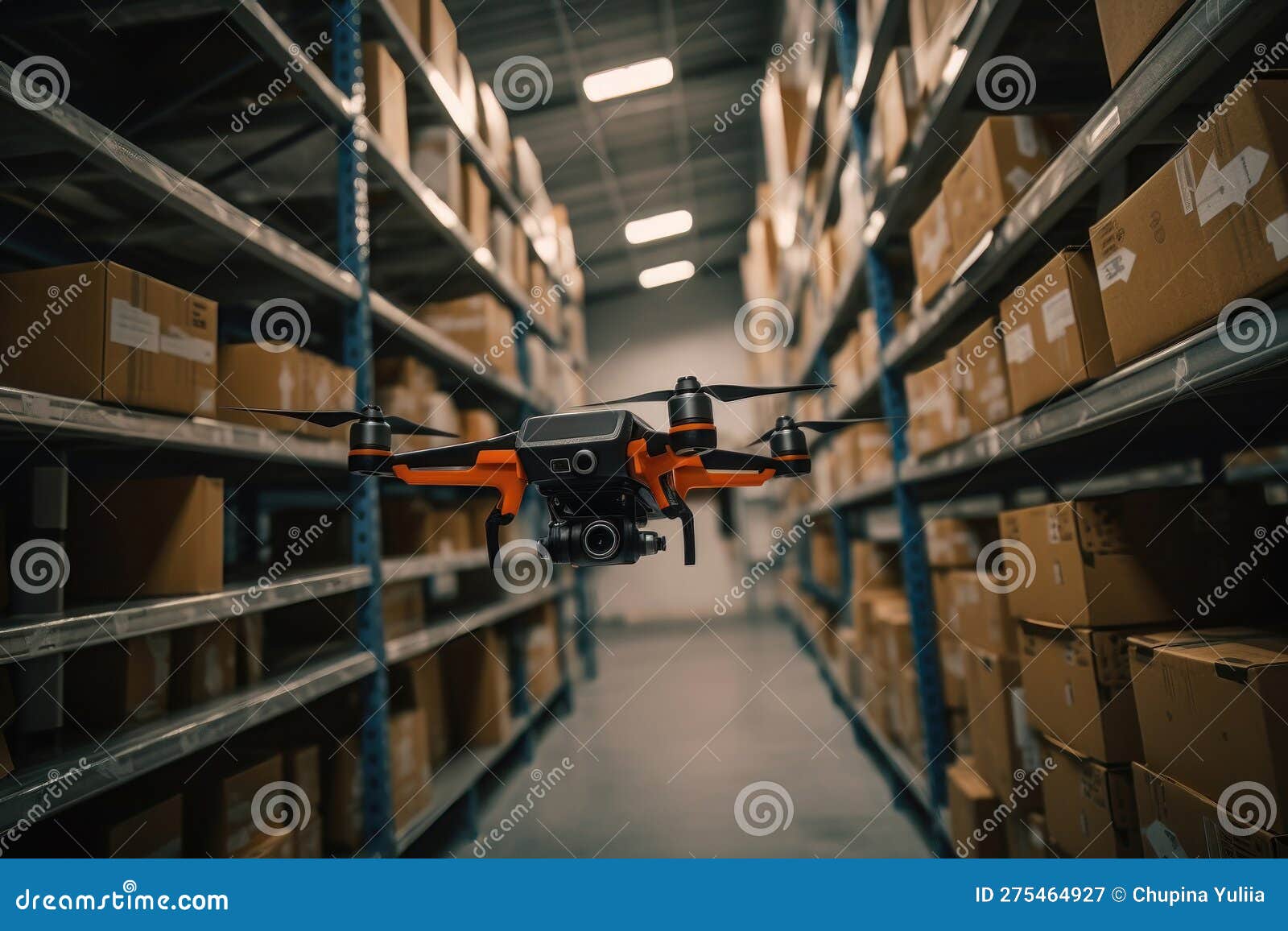 Small Fpv Drone Flying through a Warehouse. AI Generated Stock