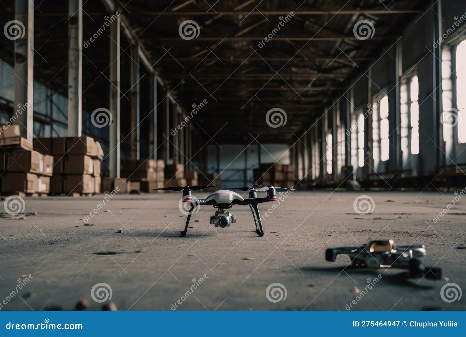 Small Fpv Drone Flying through a Warehouse. AI Generated Stock